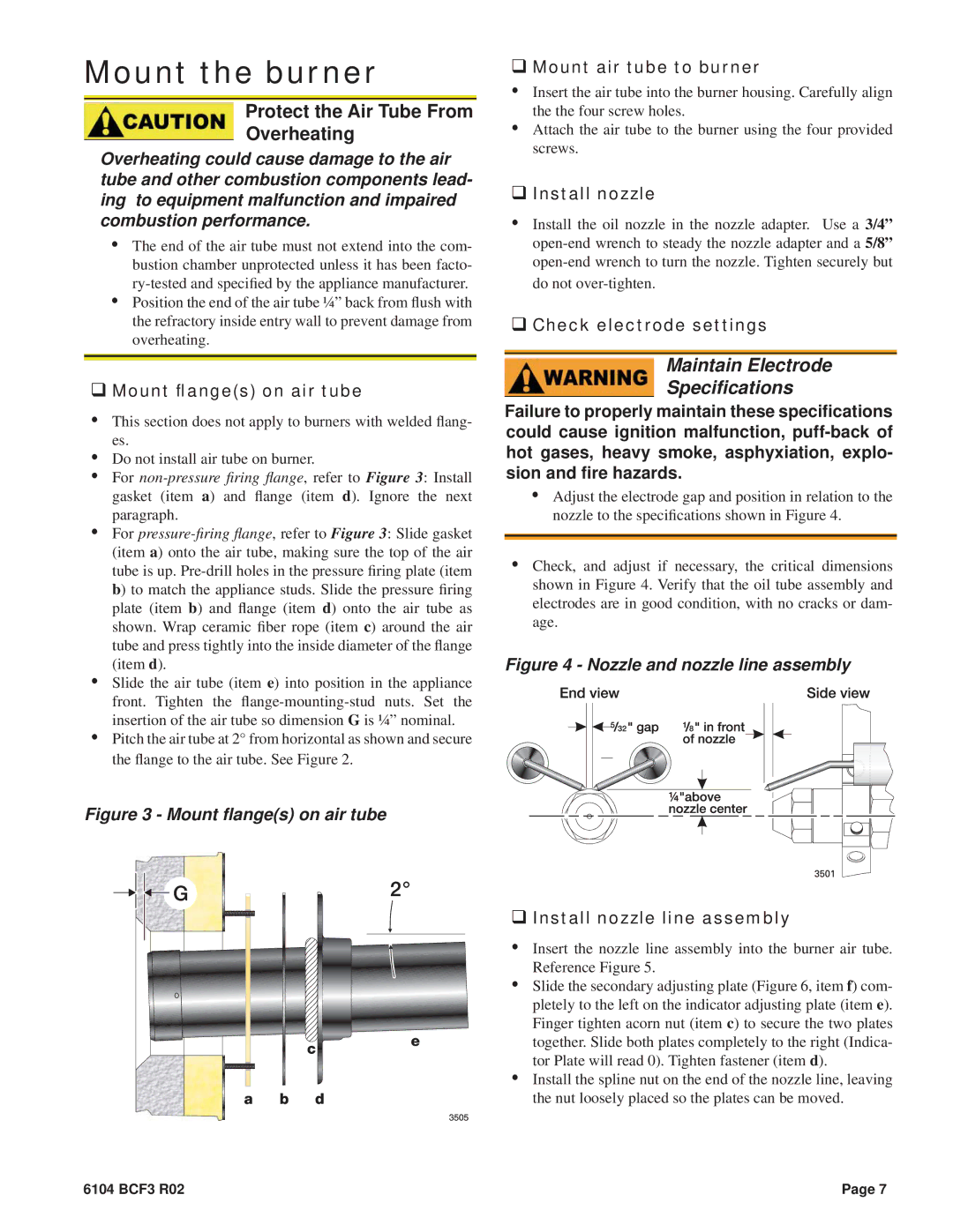 Beckett CF375 manual Mount the burner, Protect the Air Tube From Overheating 