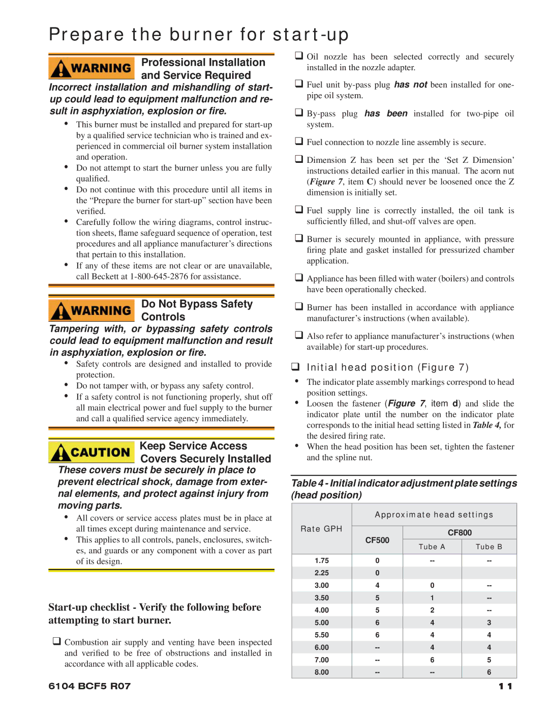 Beckett 800 Prepare the burner for start-up, Professional Installation Service Required, Do Not Bypass Safety Controls 