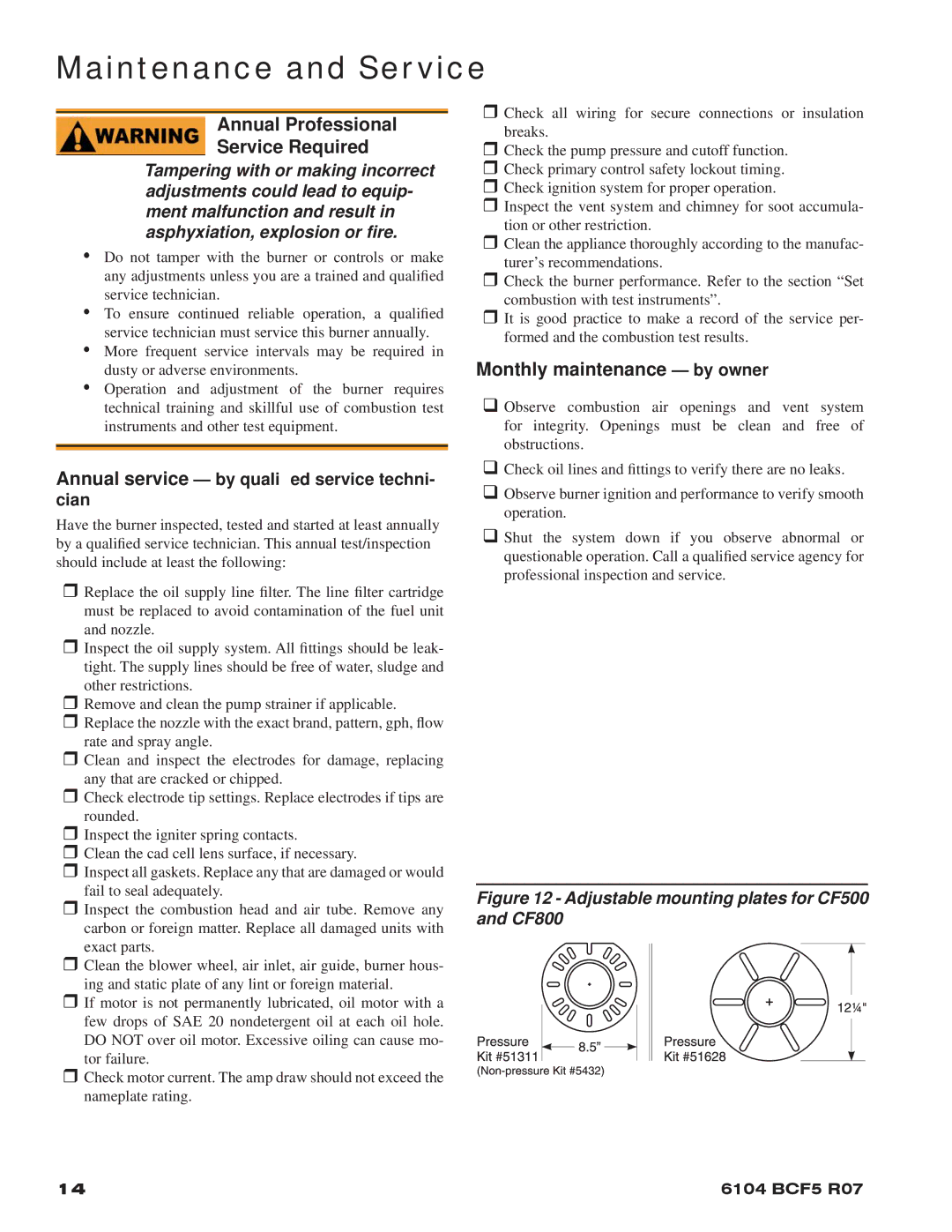 Beckett CF500, 800 manual Maintenance and Service, Annual Professional Service Required, Monthly maintenance by owner 