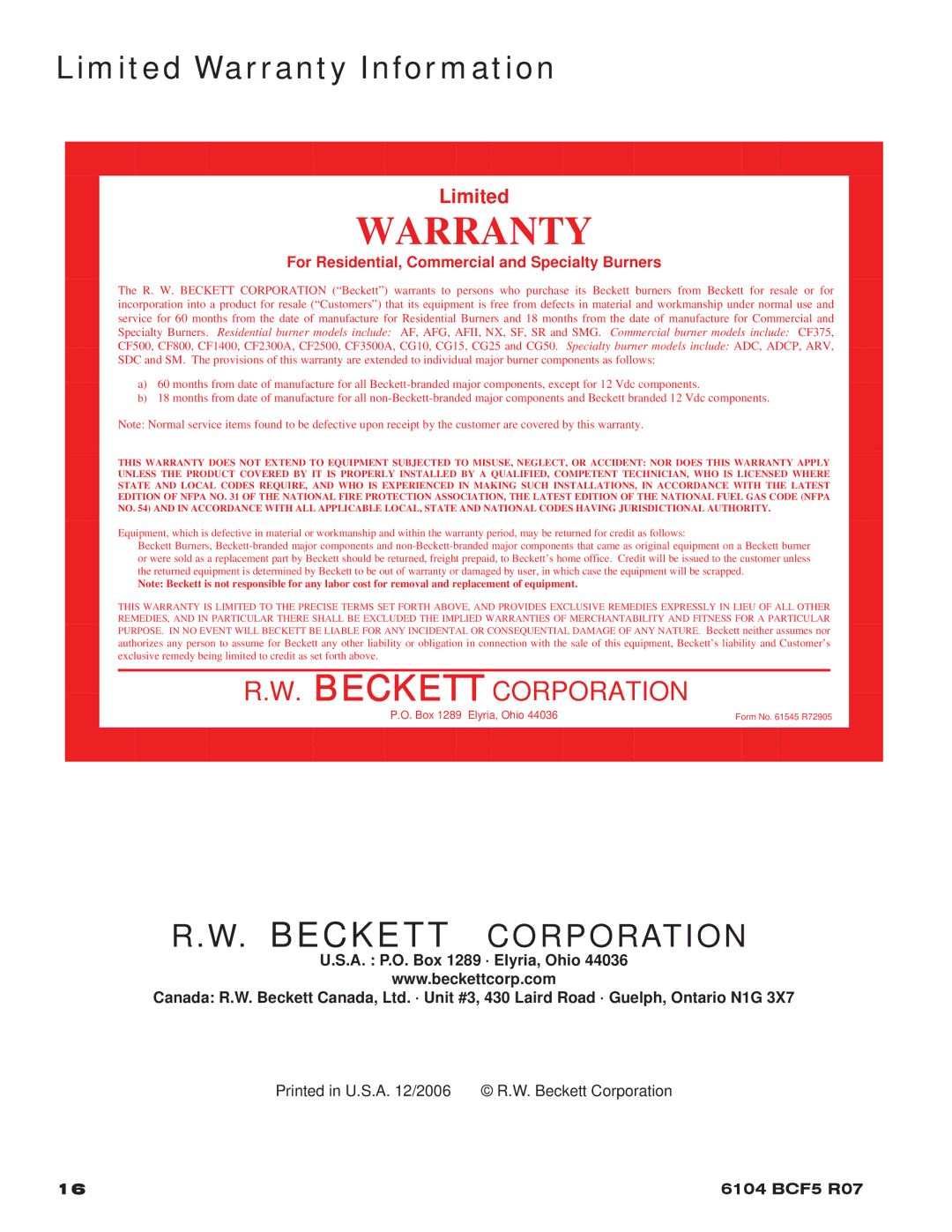 Beckett CF500, 800 manual Limited Warranty Information 