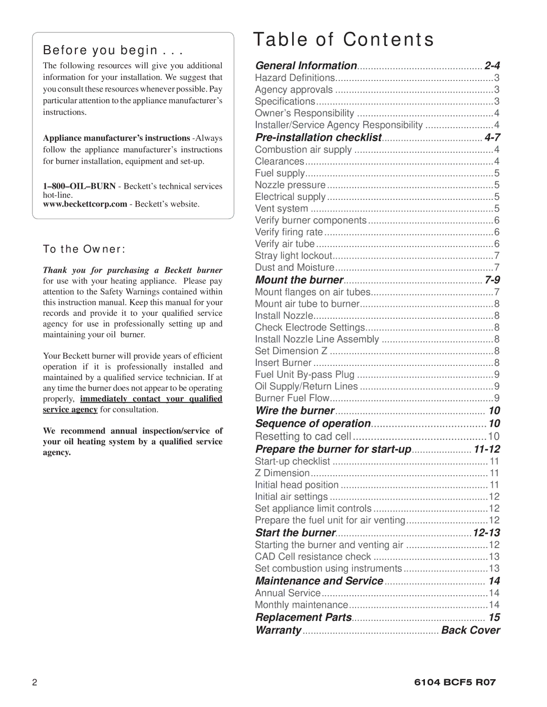 Beckett CF500, 800 manual Table of Contents 