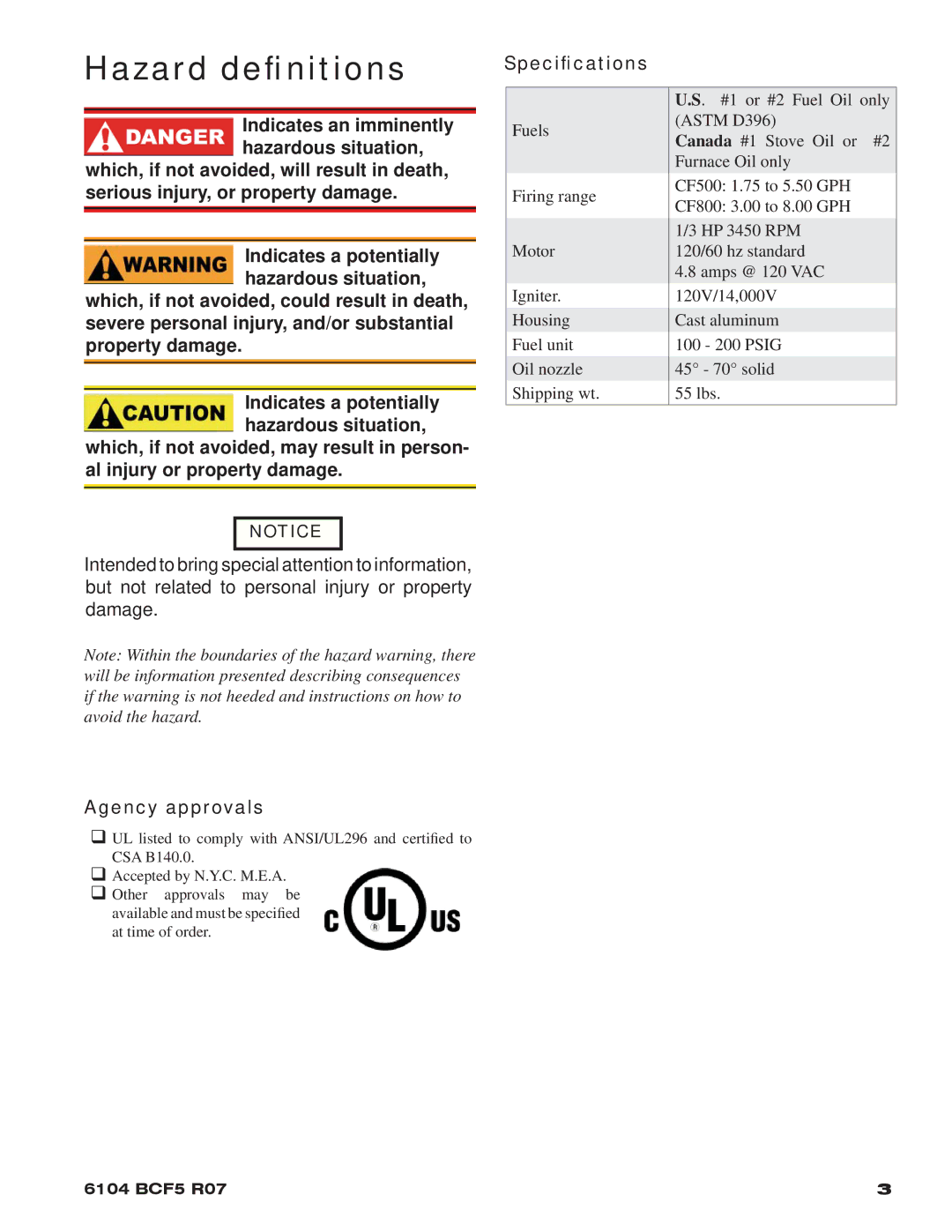 Beckett 800, CF500 manual Hazard deﬁnitions, Agency approvals 