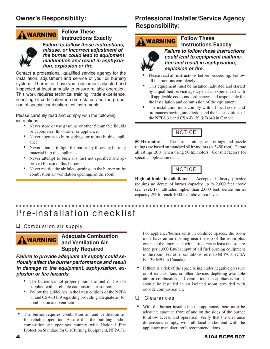 Beckett CF500, 800 Pre-installation checklist, Follow These Instructions Exactly, ‰ Combustion air supply, ‰ Clearances 