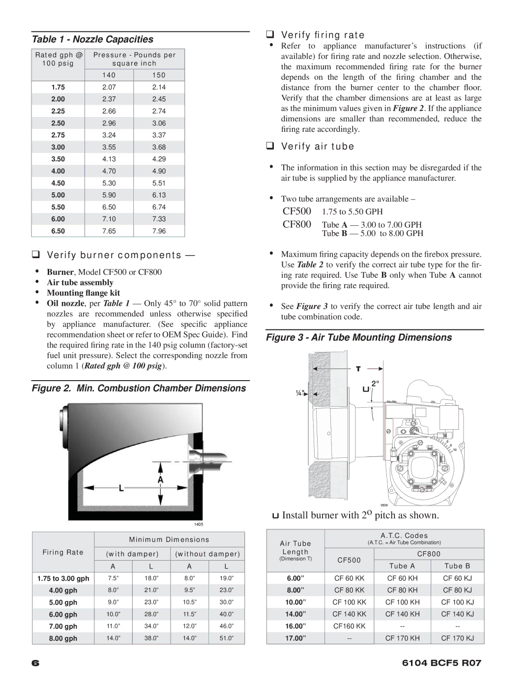 Beckett CF500, 800 manual Nozzle Capacities, ‰ Verify burner components, ‰ Verify ﬁring rate, ‰ Verify air tube 