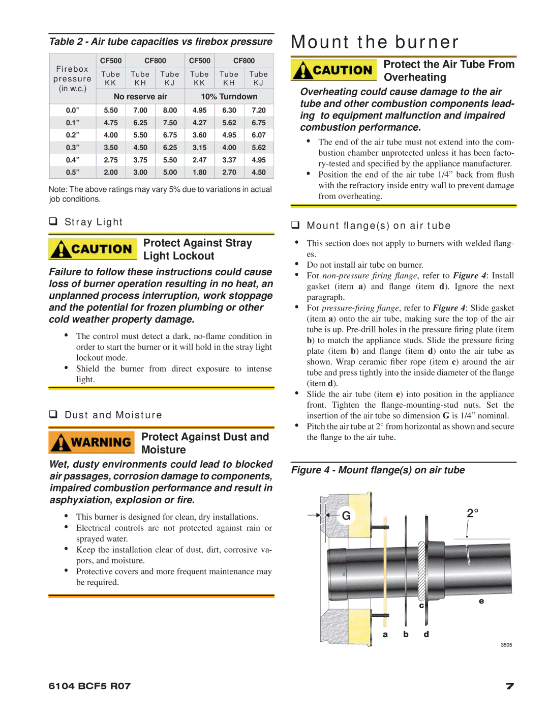 Beckett 800, CF500 manual Mount the burner, Protect the Air Tube From Overheating, Protect Against Stray Light Lockout 