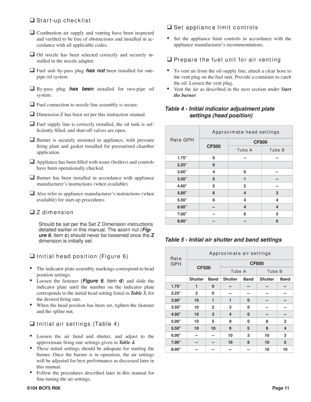 Beckett CF800, CF500 ‰ Start-up checklist, ‰ Z dimension, ‰ Initial head position Figure, ‰ Initial air settings Table 