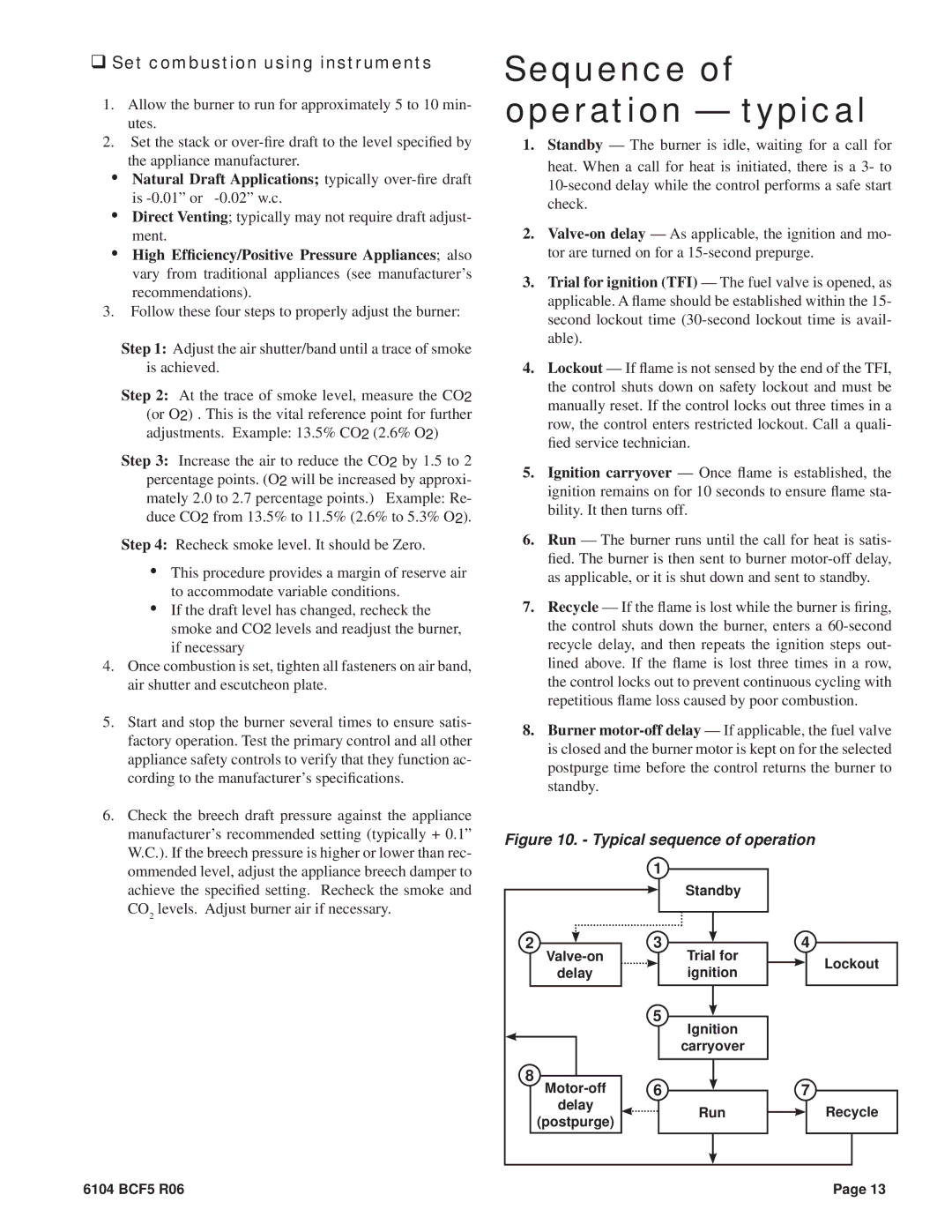 Beckett CF800, CF500 manual Sequence of operation typical, ‰ Set combustion using instruments 