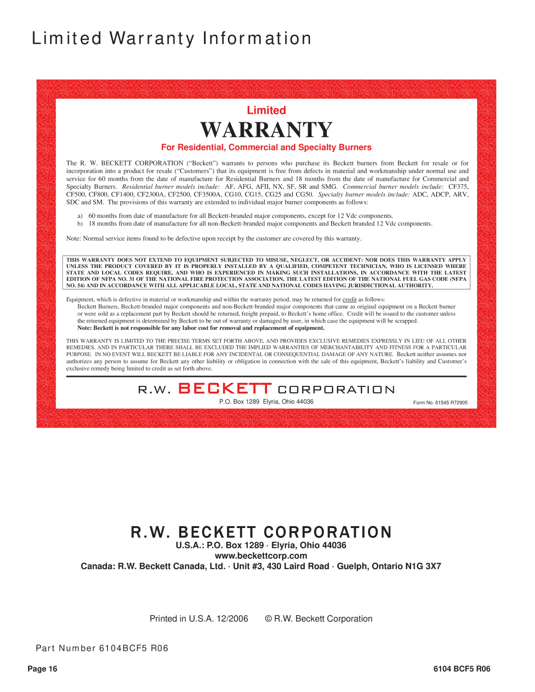 Beckett CF500, CF800 manual Limited Warranty Information 