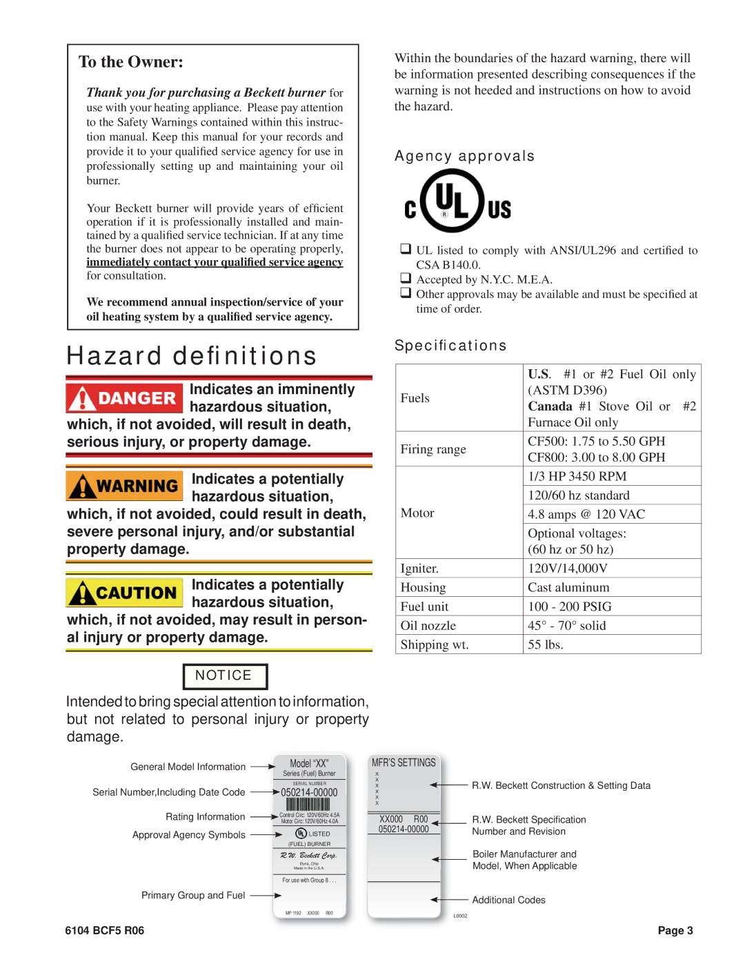 Beckett CF800, CF500 manual To the Owner, Agency approvals 