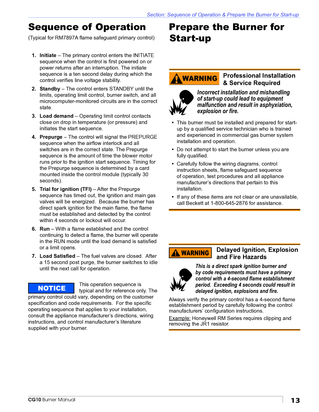 Beckett CG10 manual Sequence of Operation, Prepare the Burner for Start-up, Professional Installation Service Required 