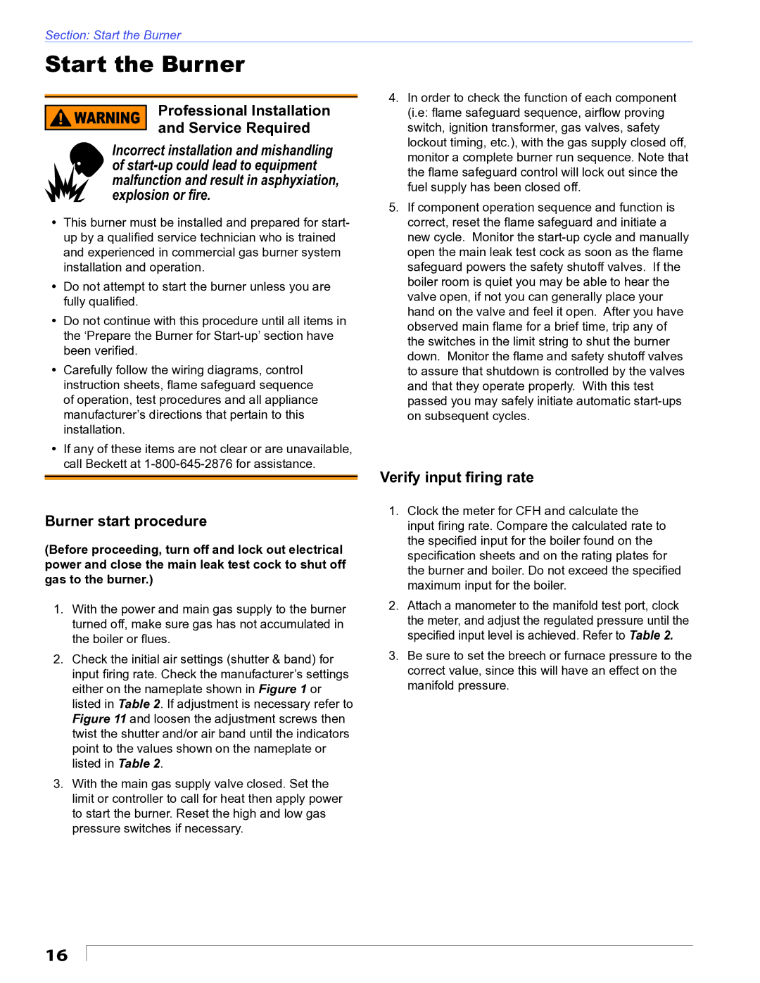 Beckett CG10 manual Start the Burner, Burner start procedure, Verify input ﬁring rate 