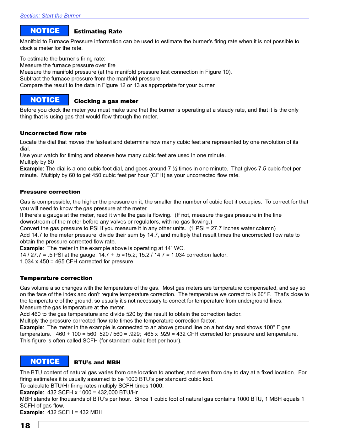 Beckett CG10 Estimating Rate, Clocking a gas meter, Uncorrected ﬂow rate, Pressure correction, Temperature correction 