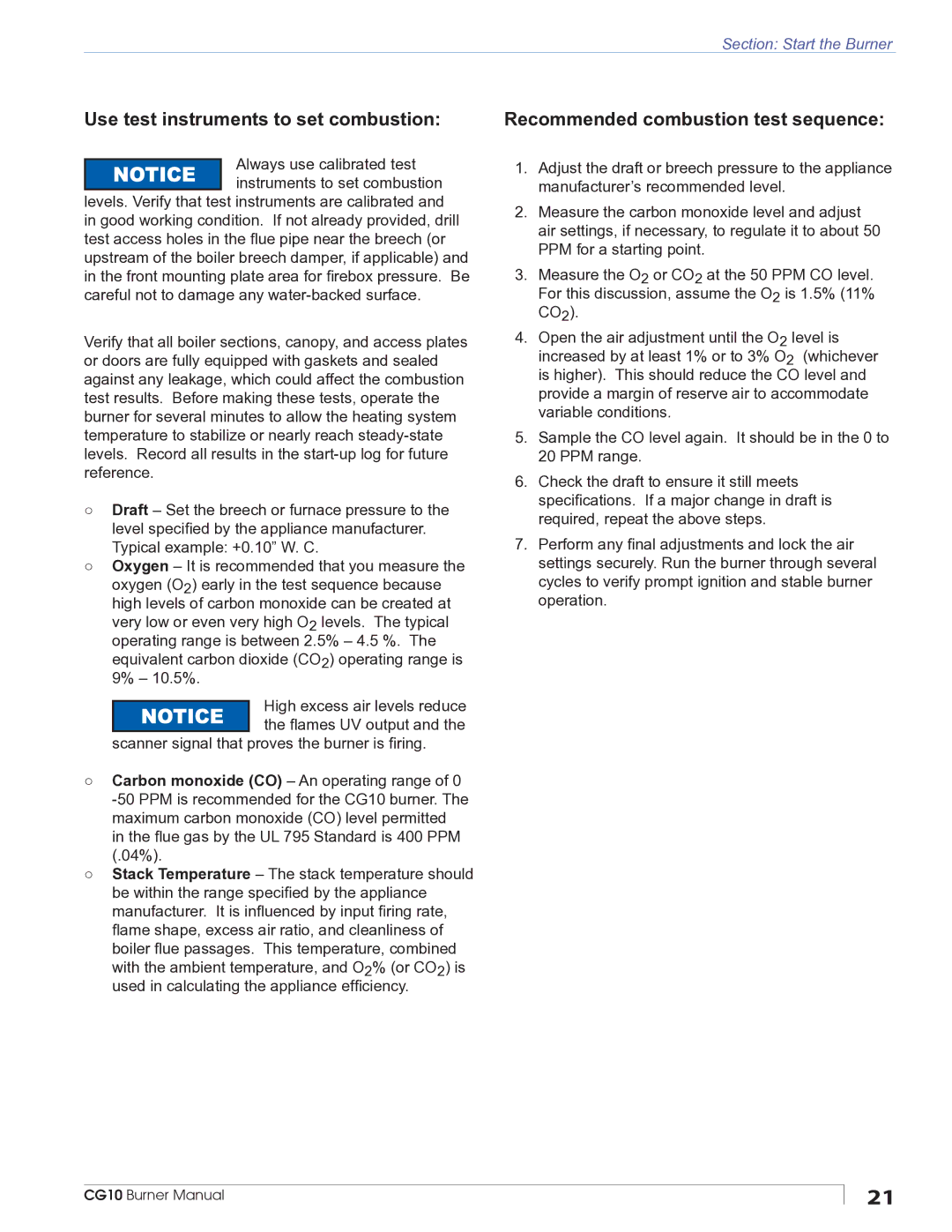 Beckett CG10 manual Use test instruments to set combustion, Recommended combustion test sequence 