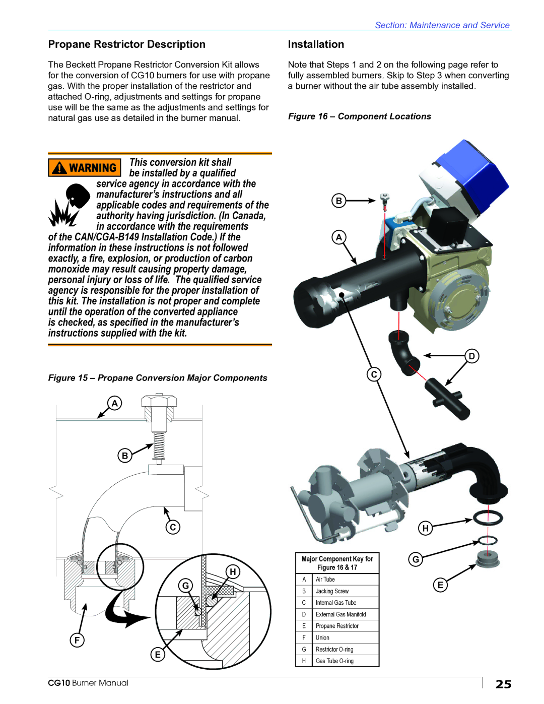 Beckett CG10 manual Propane Restrictor Description, Installation 