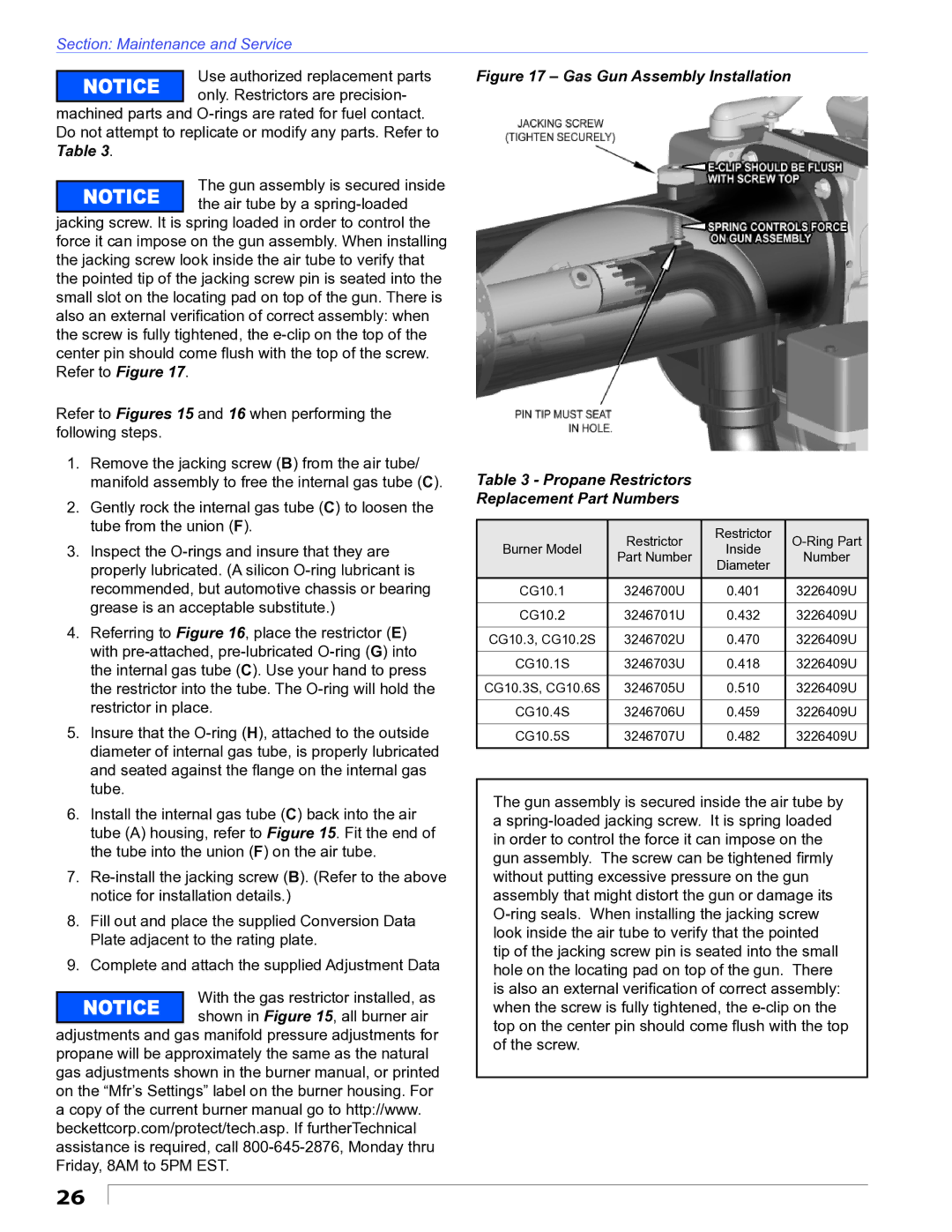 Beckett CG10 manual Propane Restrictors, Replacement Part Numbers 