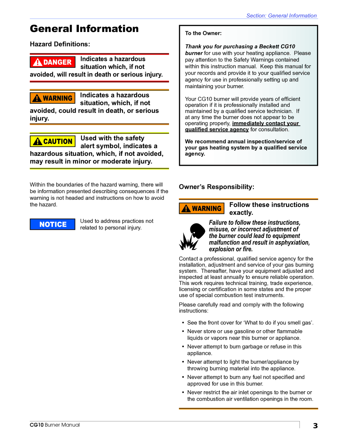 Beckett CG10 manual General Information, Hazard Deﬁnitions, Owner’s Responsibility Follow these instructions exactly 