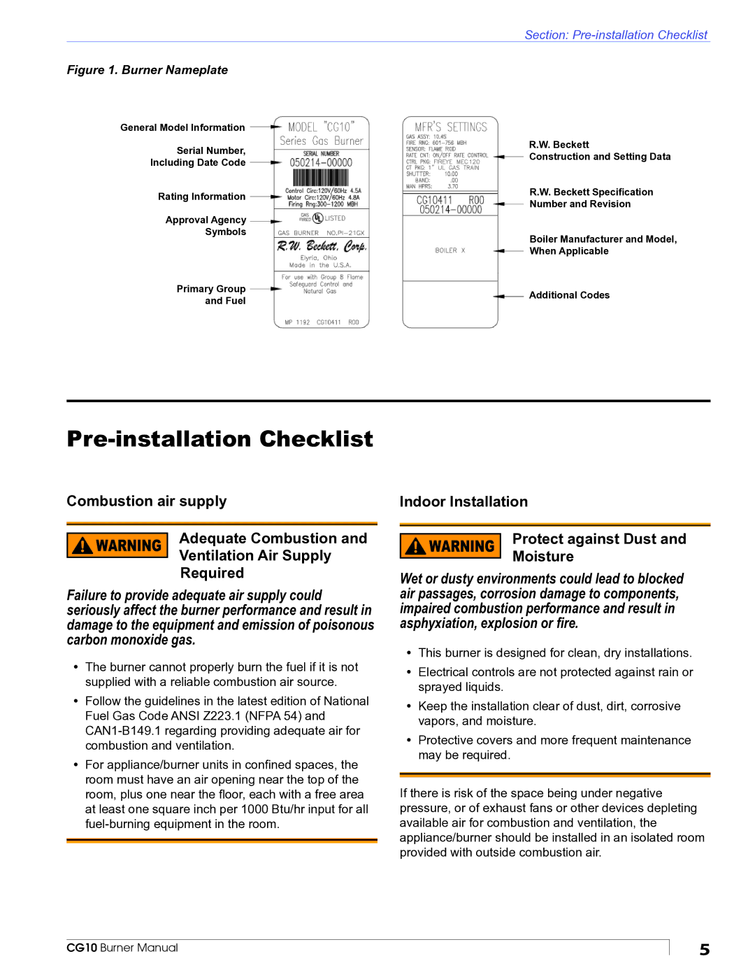 Beckett CG10 manual Pre-installation Checklist, Indoor Installation Protect against Dust Moisture 