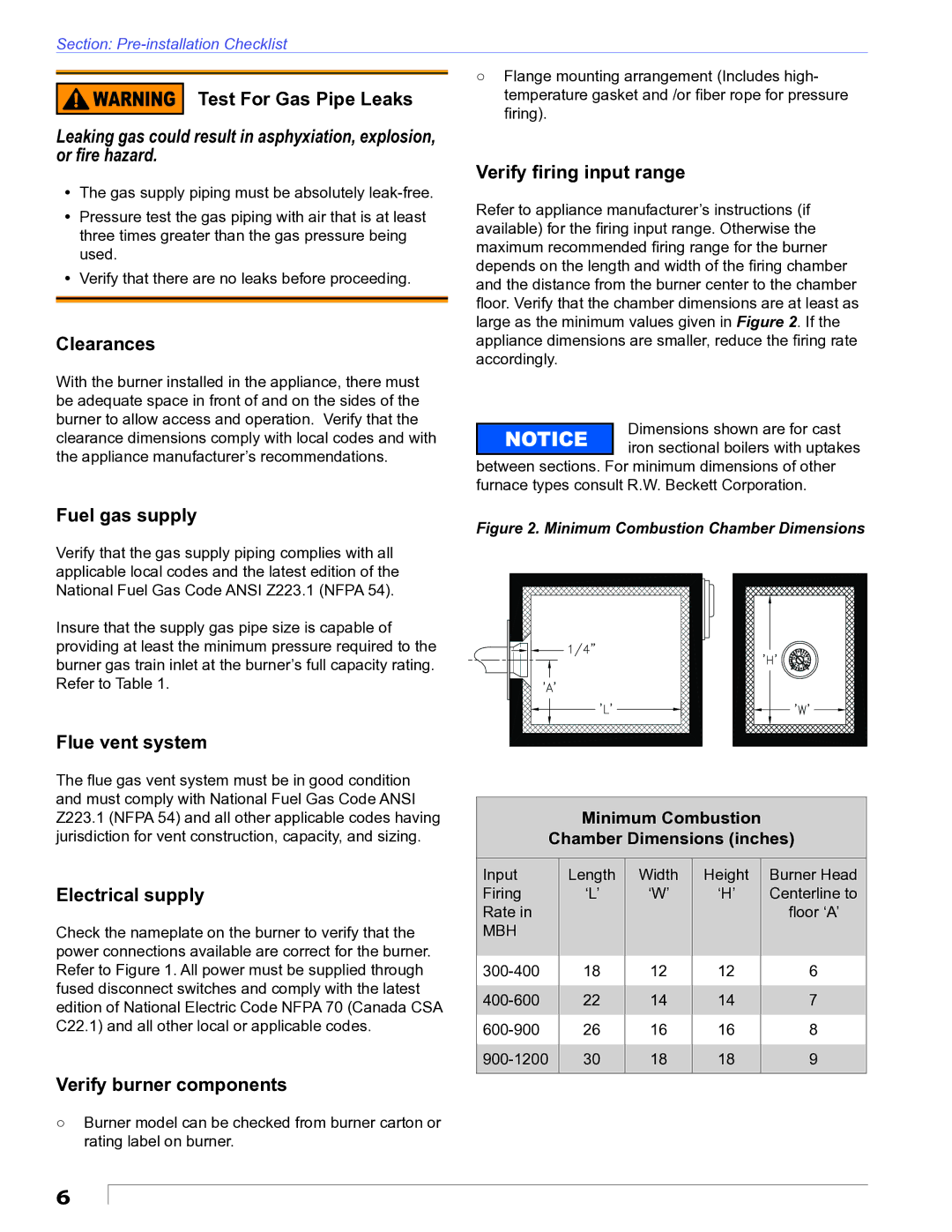 Beckett CG10 manual Test For Gas Pipe Leaks, Clearances, Verify ﬁring input range, Fuel gas supply, Flue vent system 