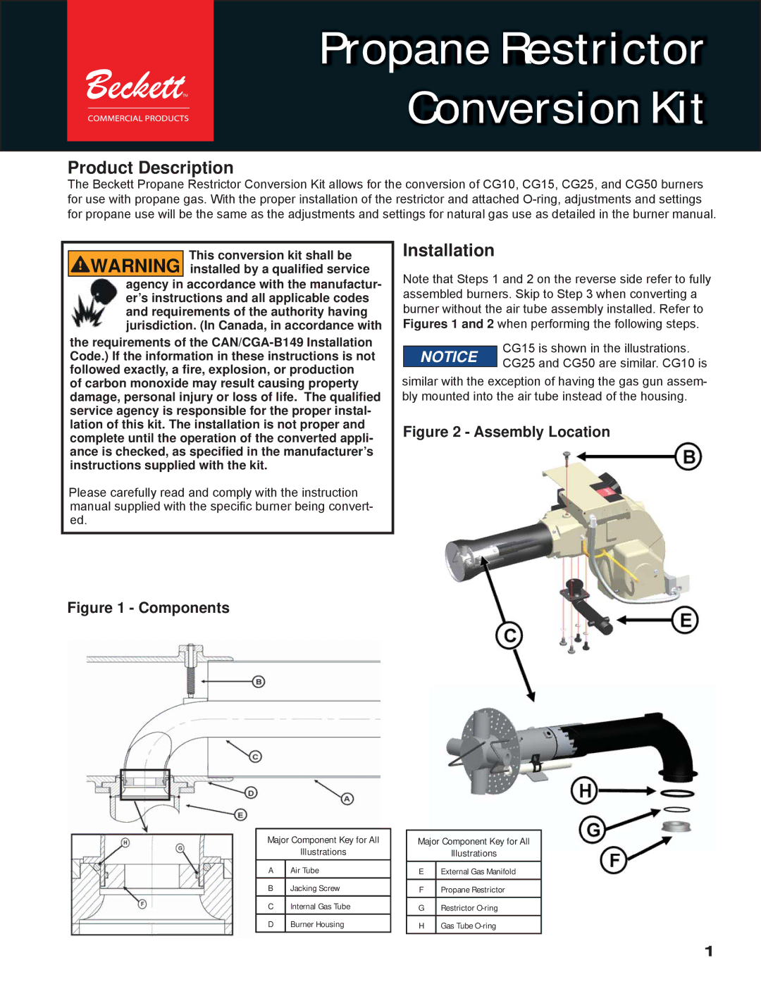 Beckett CG25, CG50, CG10, CG15 instruction manual Propane Restrictor Conversion Kit, Product Description, Installation 