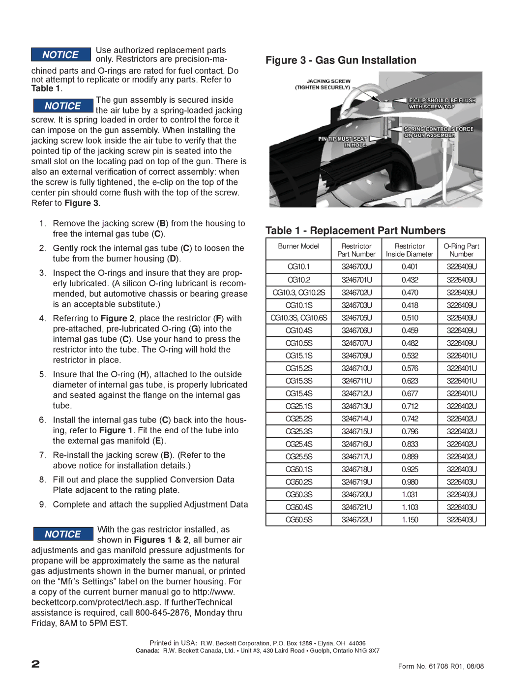 Beckett CG10, CG50, CG25, CG15 instruction manual Gas Gun Installation Replacement Part Numbers 