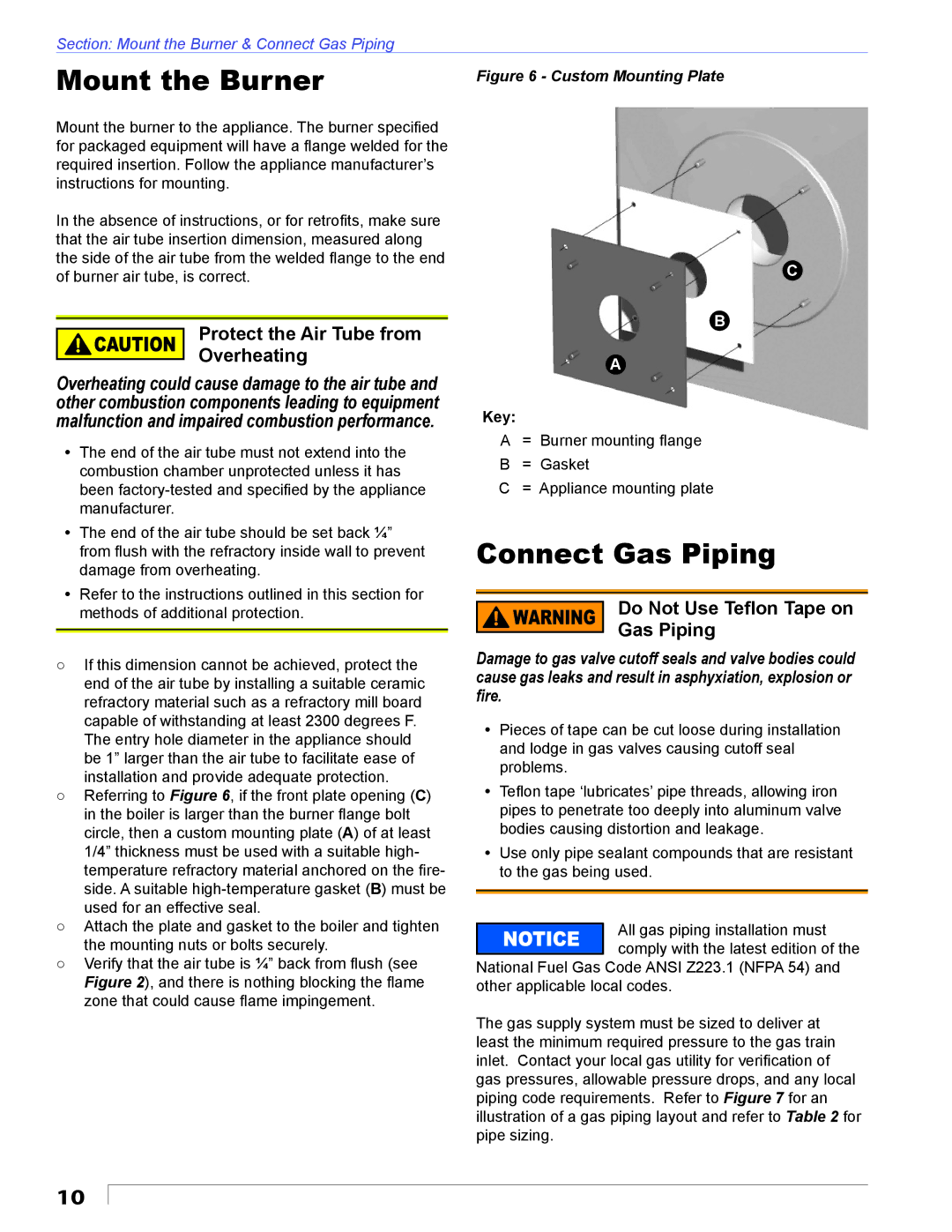 Beckett CG25, CG50, CG15 manual Mount the Burner, Connect Gas Piping, Protect the Air Tube from Overheating, Key 