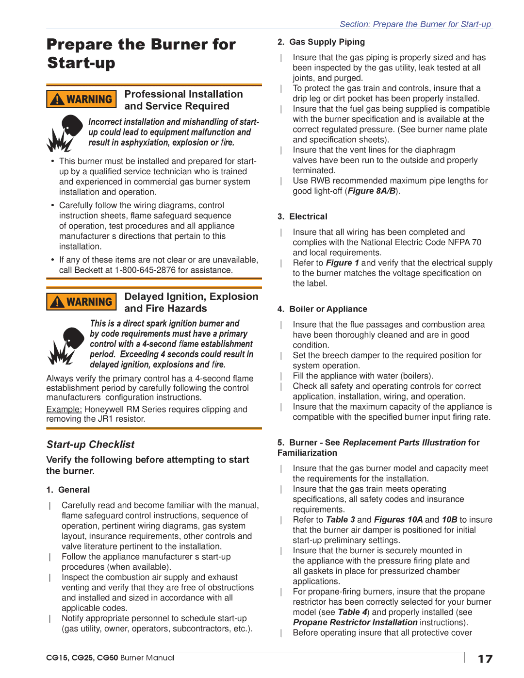 Beckett CG15, CG50, CG25 manual Prepare the Burner for Start-up, Professional Installation Service Required 
