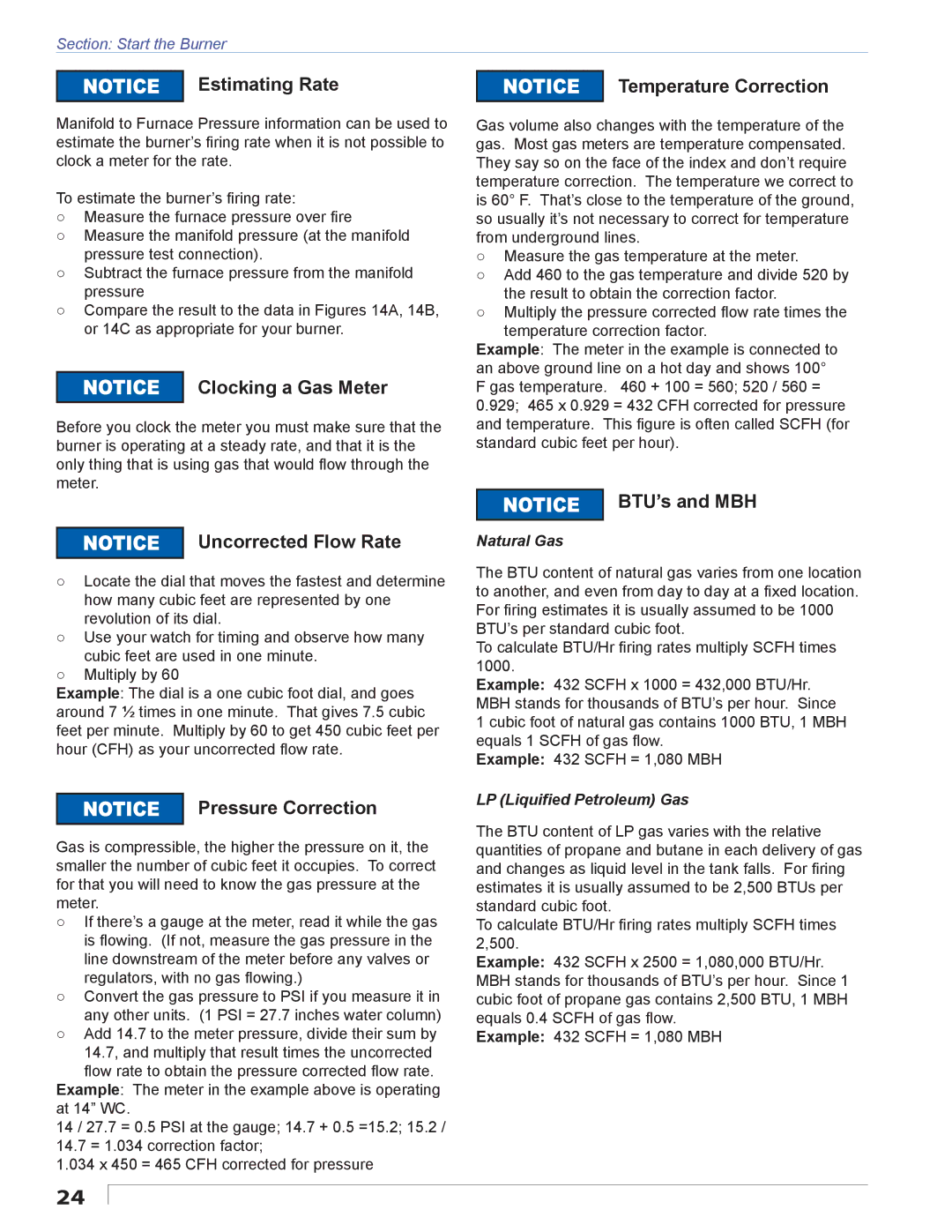 Beckett CG50 Estimating Rate, Clocking a Gas Meter, Uncorrected Flow Rate, Pressure Correction, Temperature Correction 