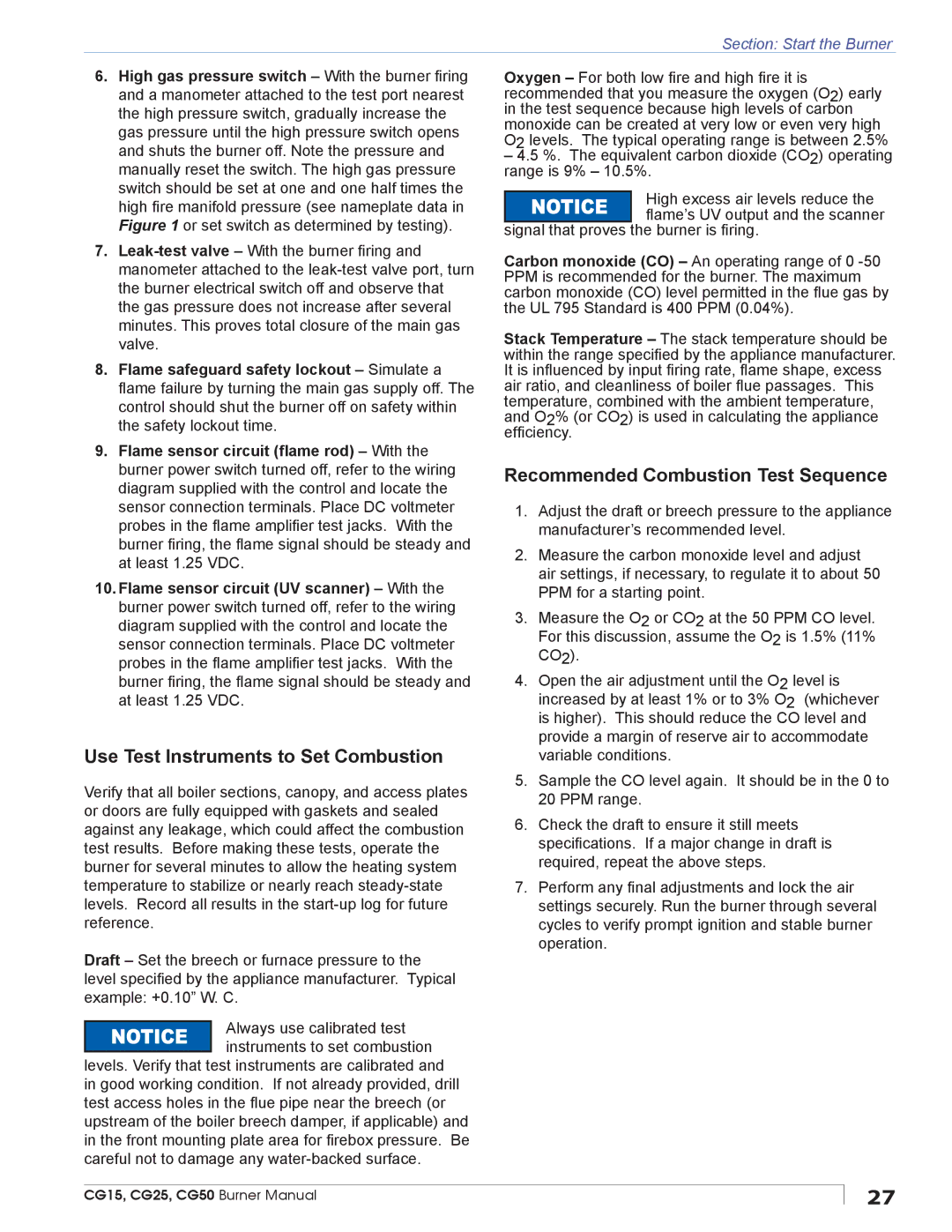 Beckett CG50, CG25, CG15 manual Recommended Combustion Test Sequence, Use Test Instruments to Set Combustion 