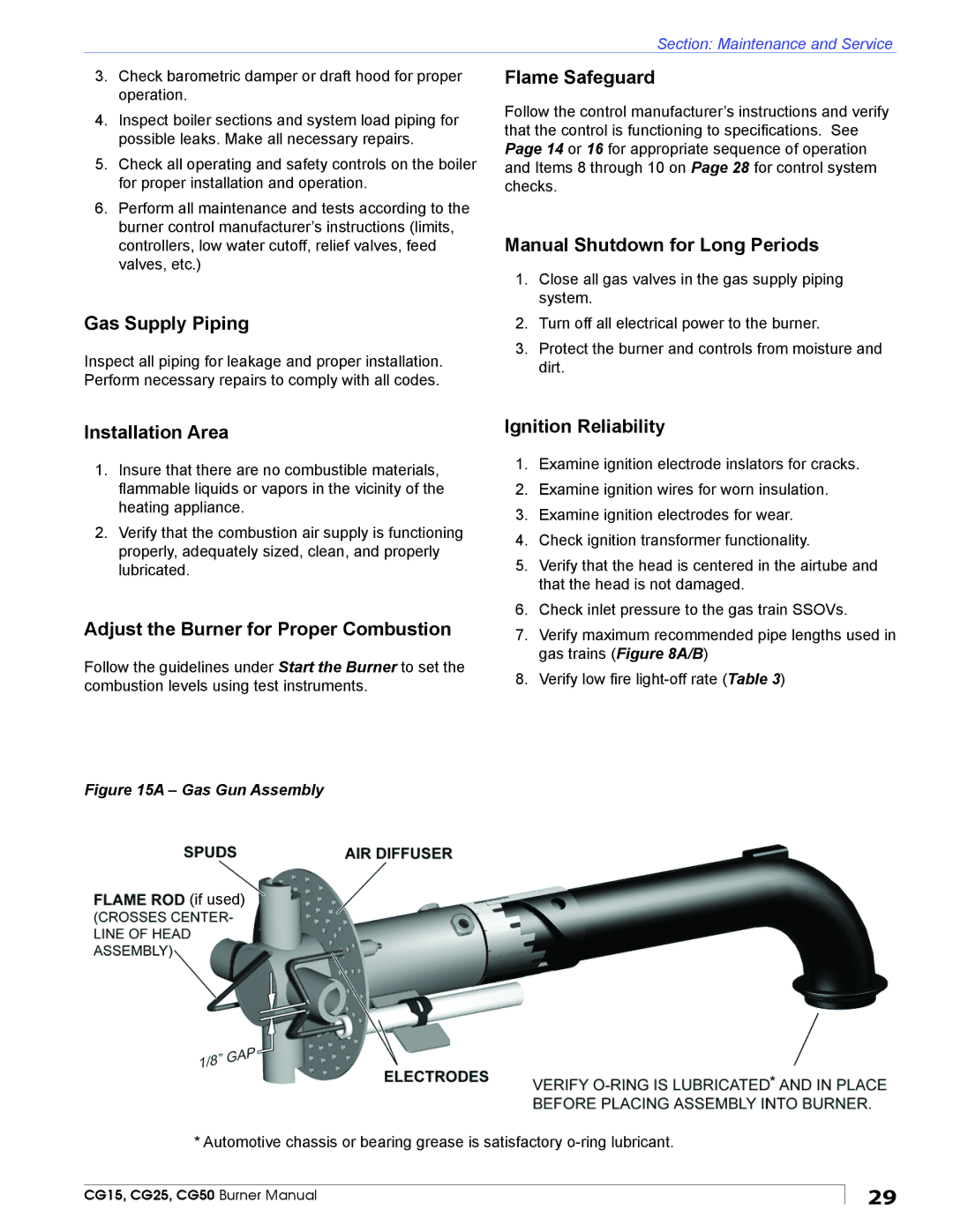 Beckett CG15 Gas Supply Piping, Flame Safeguard, Manual Shutdown for Long Periods, Installation Area, Ignition Reliability 