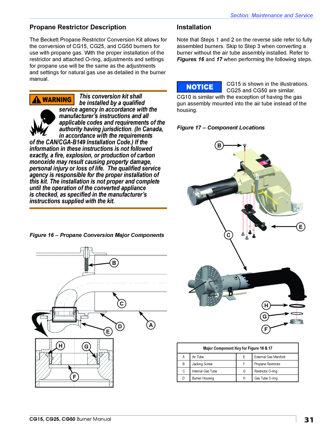 Beckett CG25, CG50, CG15 manual Propane Restrictor Description, Installation 