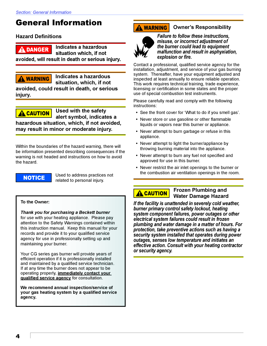 Beckett CG25, CG50 General Information, Hazard Deﬁnitions, Owner’s Responsibility, Frozen Plumbing Water Damage Hazard 