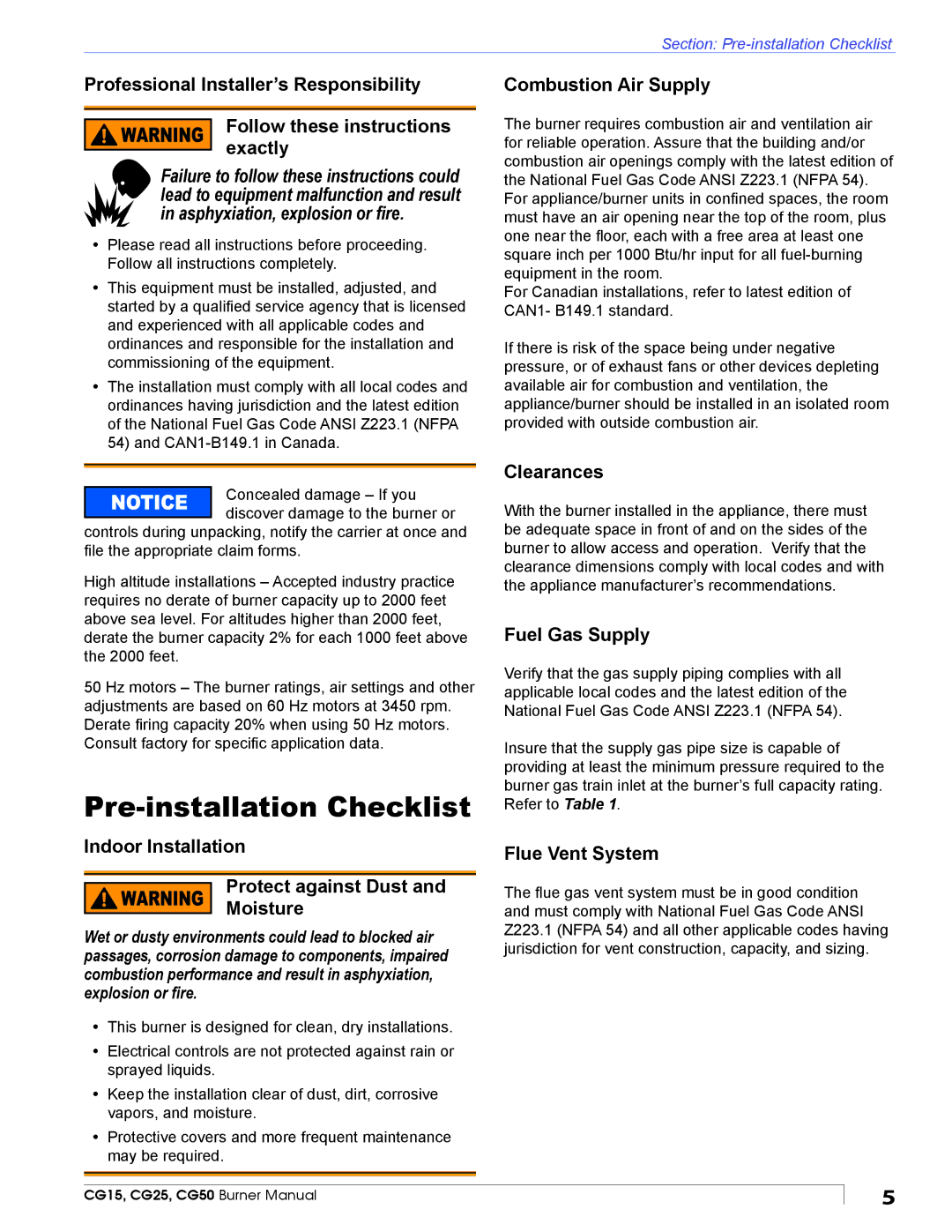 Beckett CG15, CG50, CG25 manual Pre-installation Checklist 