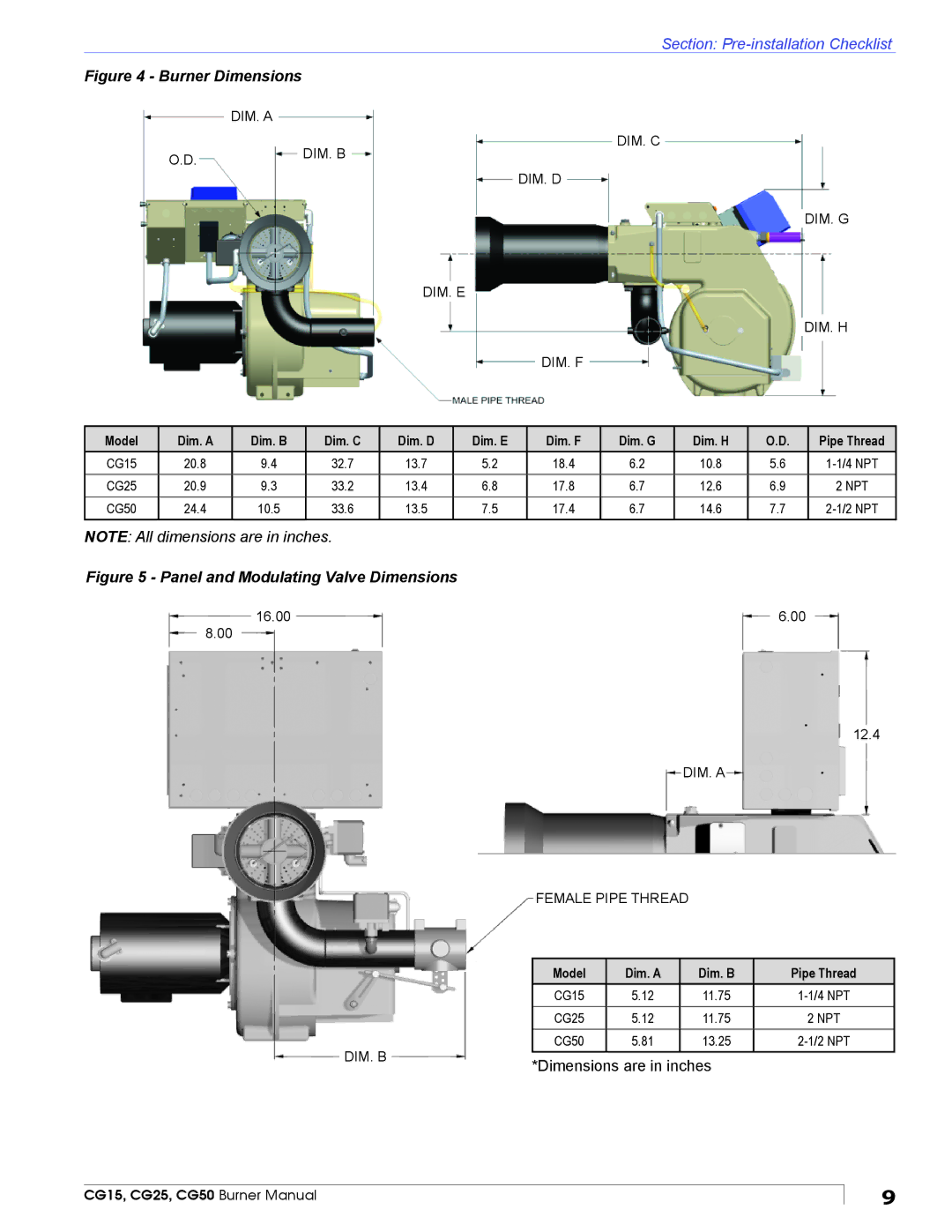 Beckett CG50, CG25, CG15 manual Burner Dimensions 