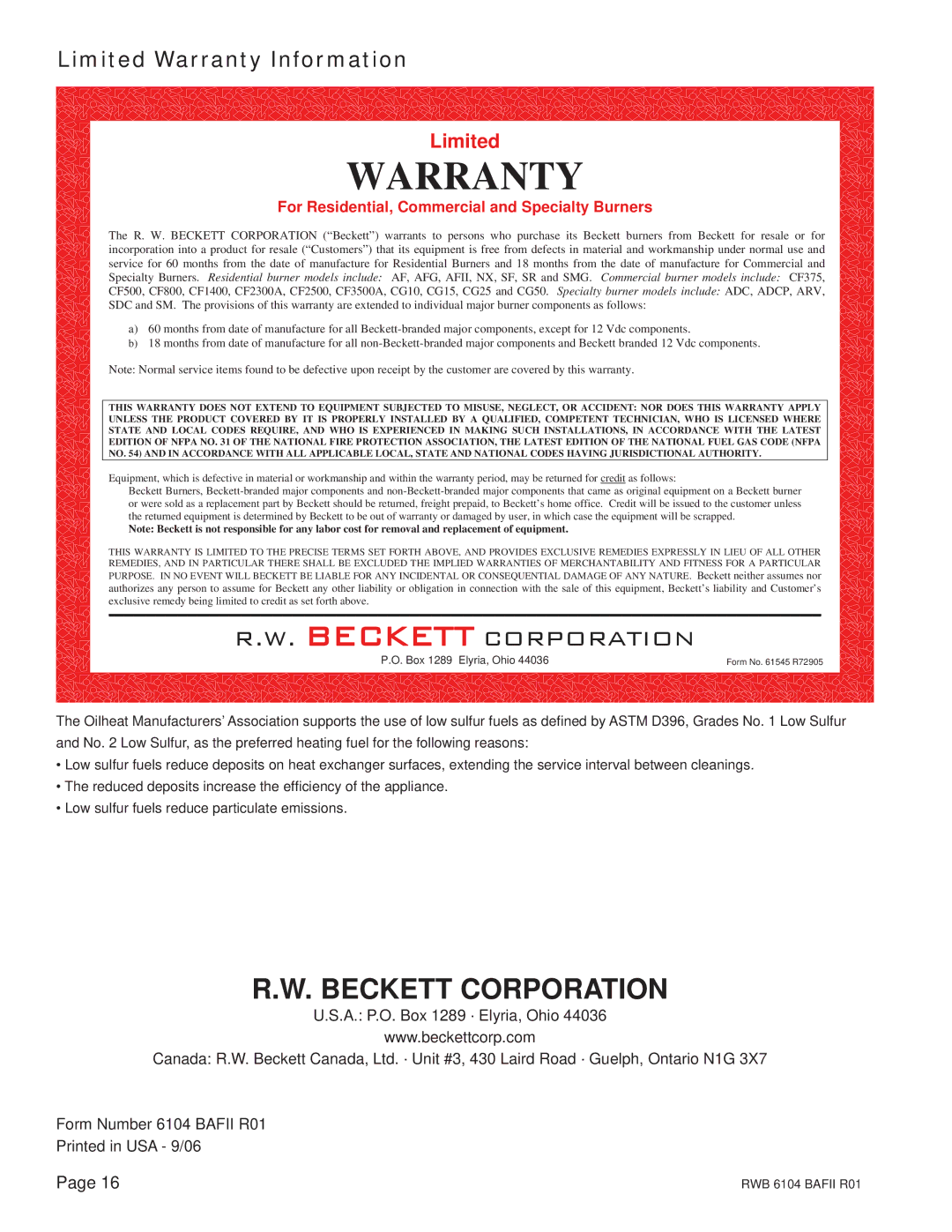 Beckett AFII 100, FII 85, AFII 150 manual Limited Warranty Information 