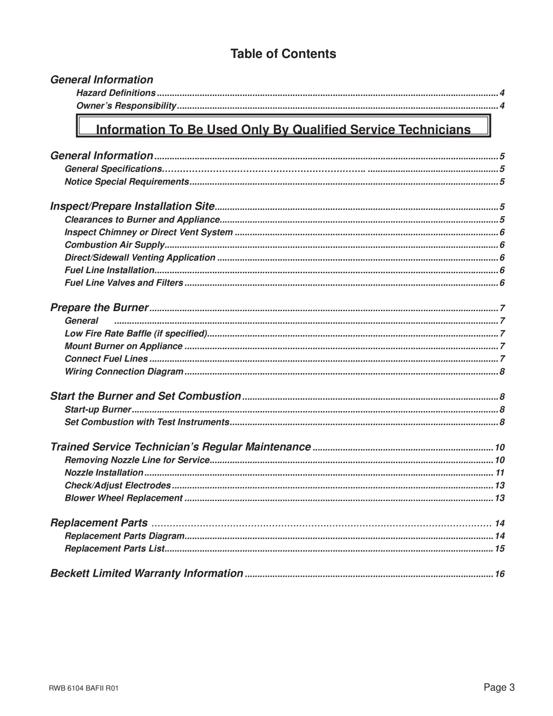 Beckett FII 85, AFII 100, AFII 150 manual Table of Contents, Information To Be Used Only By Qualiﬁed Service Technicians 