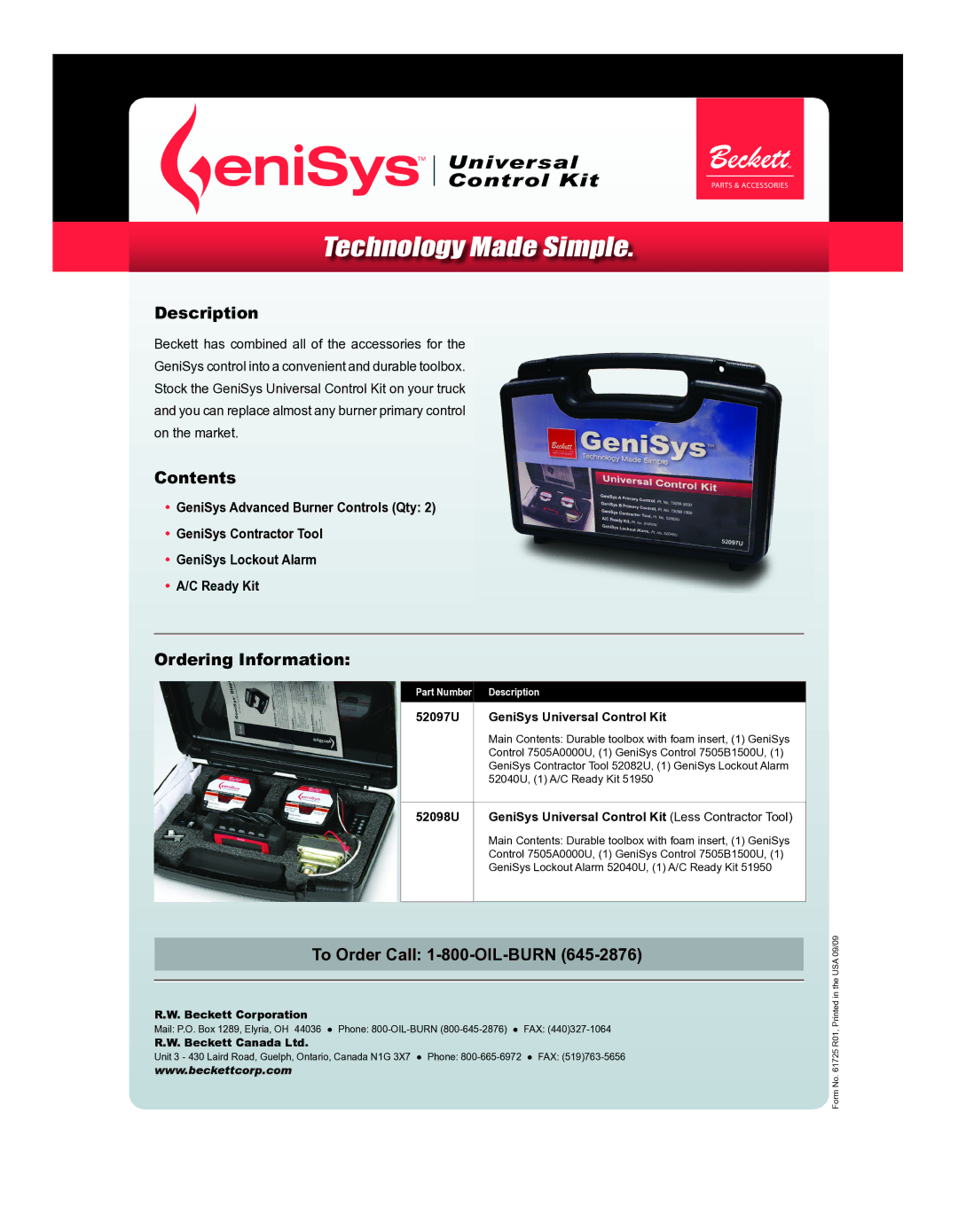 Beckett genisys advanced burner controls manual Technology Made Simple, Description, Contents, Ordering Information 