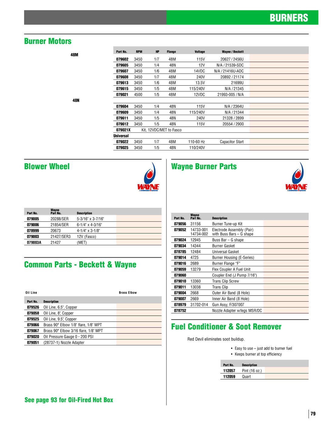 Beckett Jets 1000 manual Burner Motors, Blower Wheel, Common Parts Beckett & Wayne, Wayne Burner Parts 