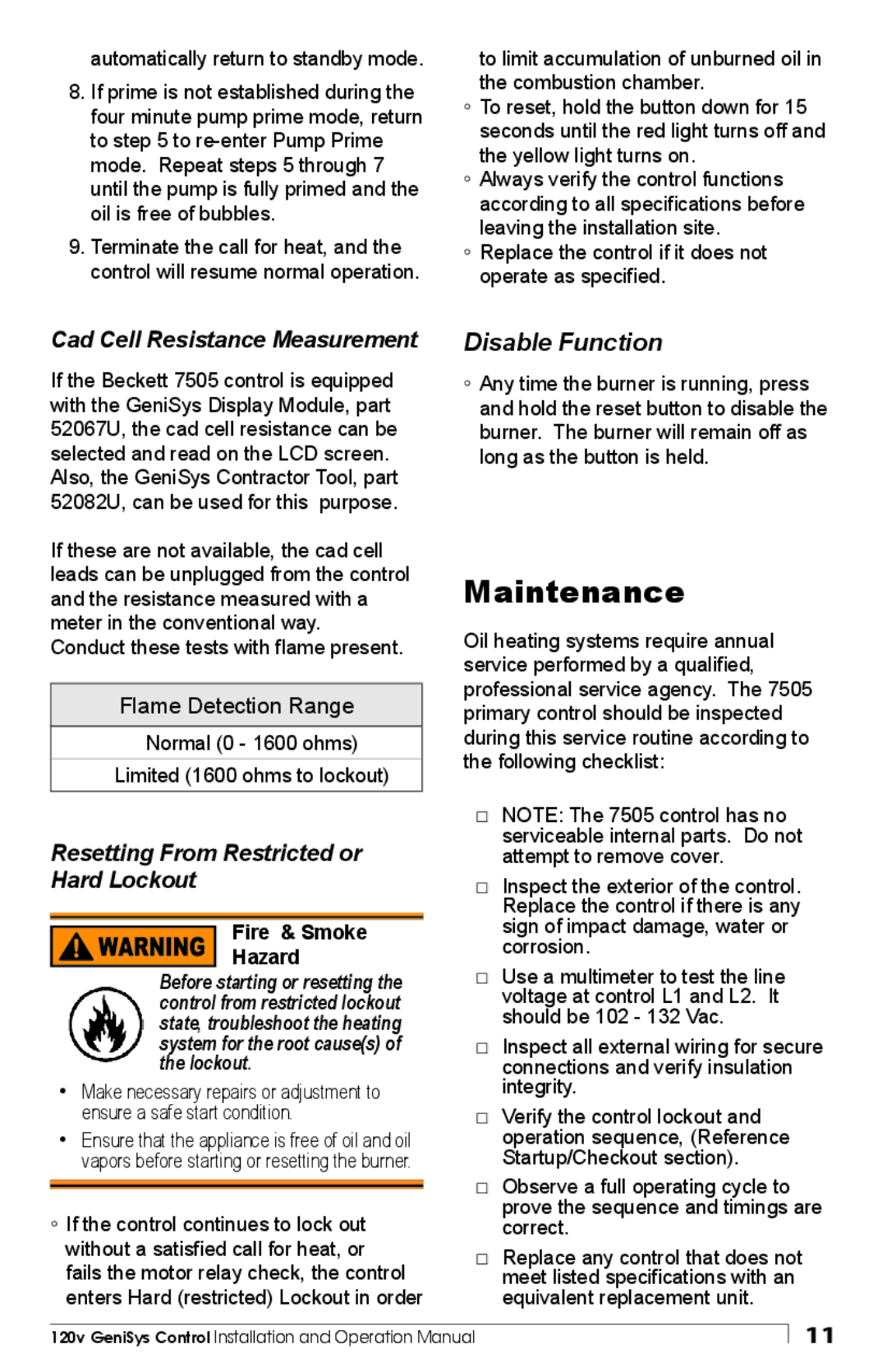 Beckett Model 7505 manual Maintenance, Disable Function 