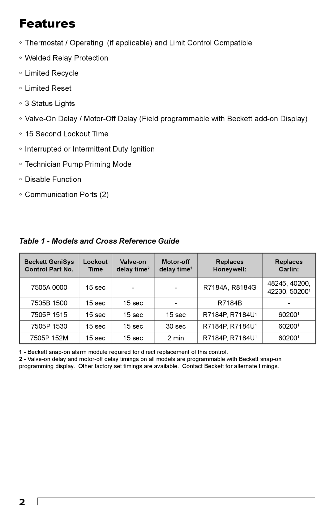 Beckett Model 7505 manual Features, Models and Cross Reference Guide 