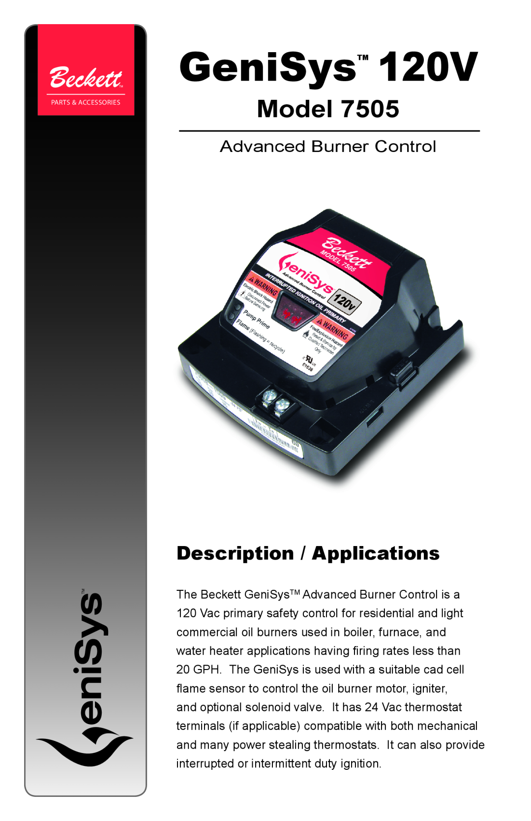 Beckett Model 7505 manual Description / Applications, GeniSys, Advanced Burner Control 