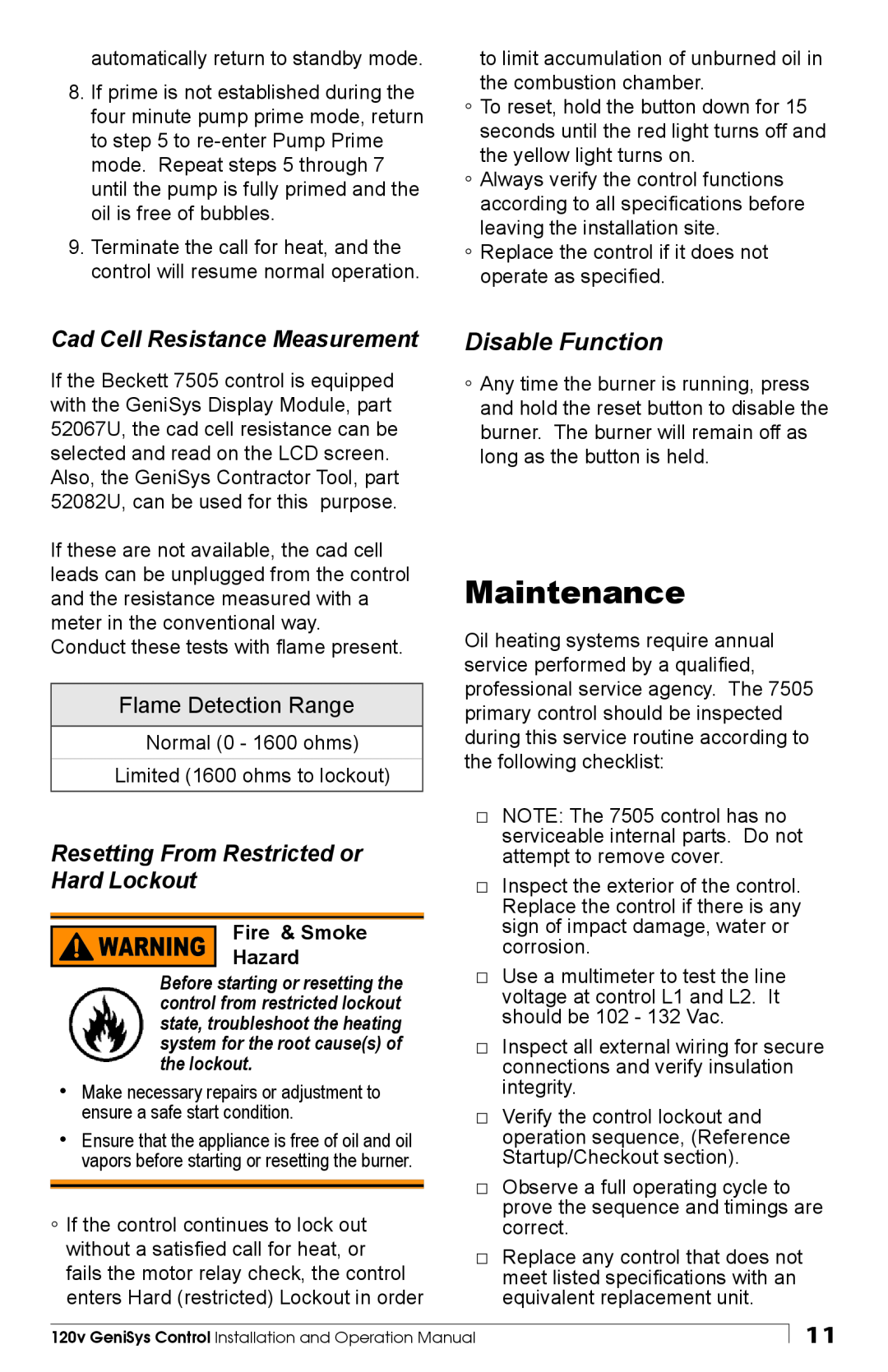 Beckett Model 7505 manual Maintenance, Disable Function, Flame Detection Range, Fire & Smoke Hazard 