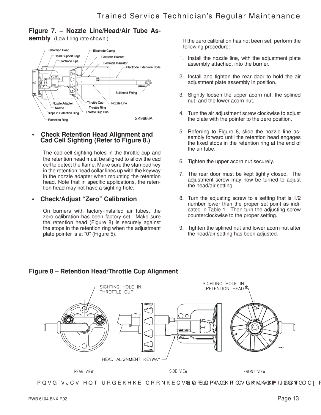 Beckett NX manual Check/Adjust Zero Calibration, Retention Head/Throttle Cup Alignment 