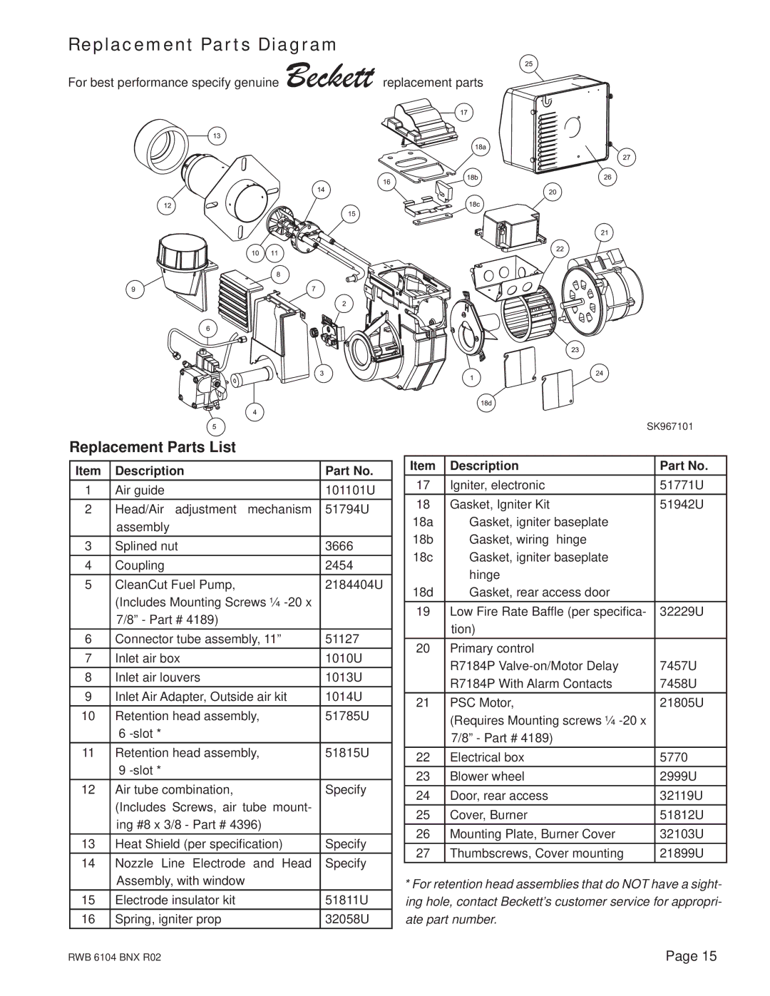 Beckett NX manual Replacement Parts Diagram, Replacement Parts List 