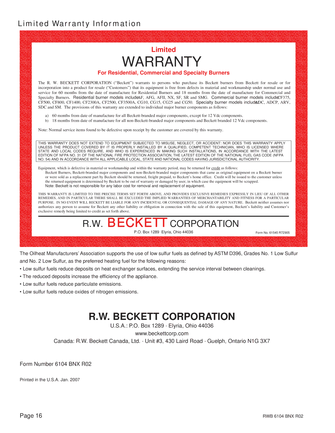 Beckett NX manual Limited Warranty Information 