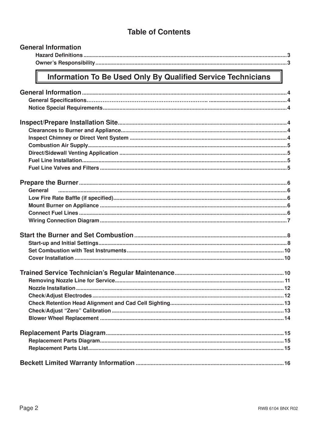 Beckett NX manual Table of Contents, Information To Be Used Only By Qualiﬁed Service Technicians, General Information 