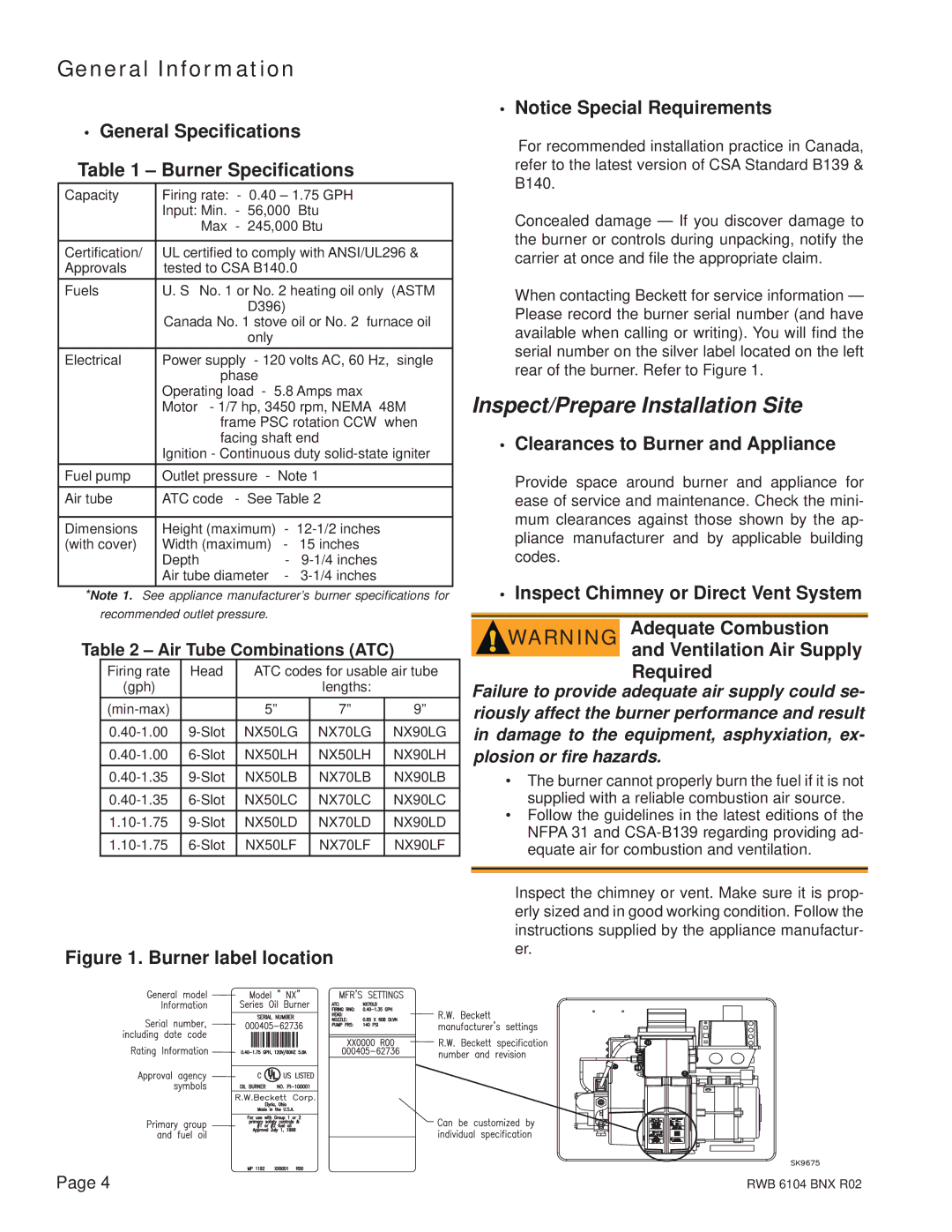 Beckett NX manual Inspect/Prepare Installation Site, General Speciﬁcations Burner Speciﬁcations 