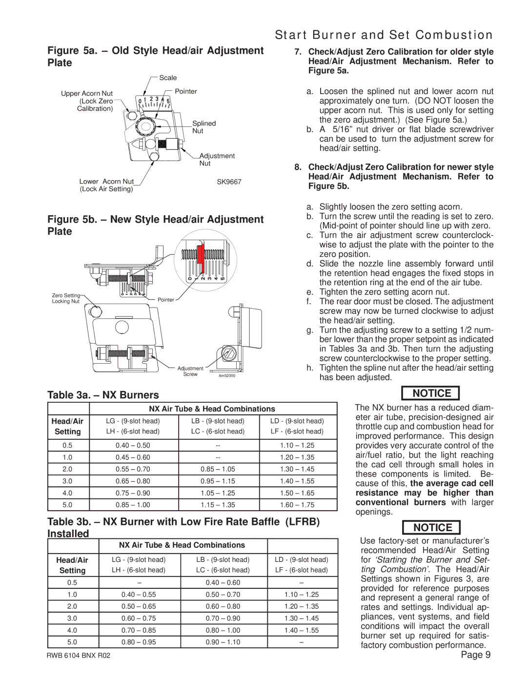 Beckett manual Start Burner and Set Combustion, NX Burners, NX Burner with Low Fire Rate Bafﬂe Lfrb Installed 