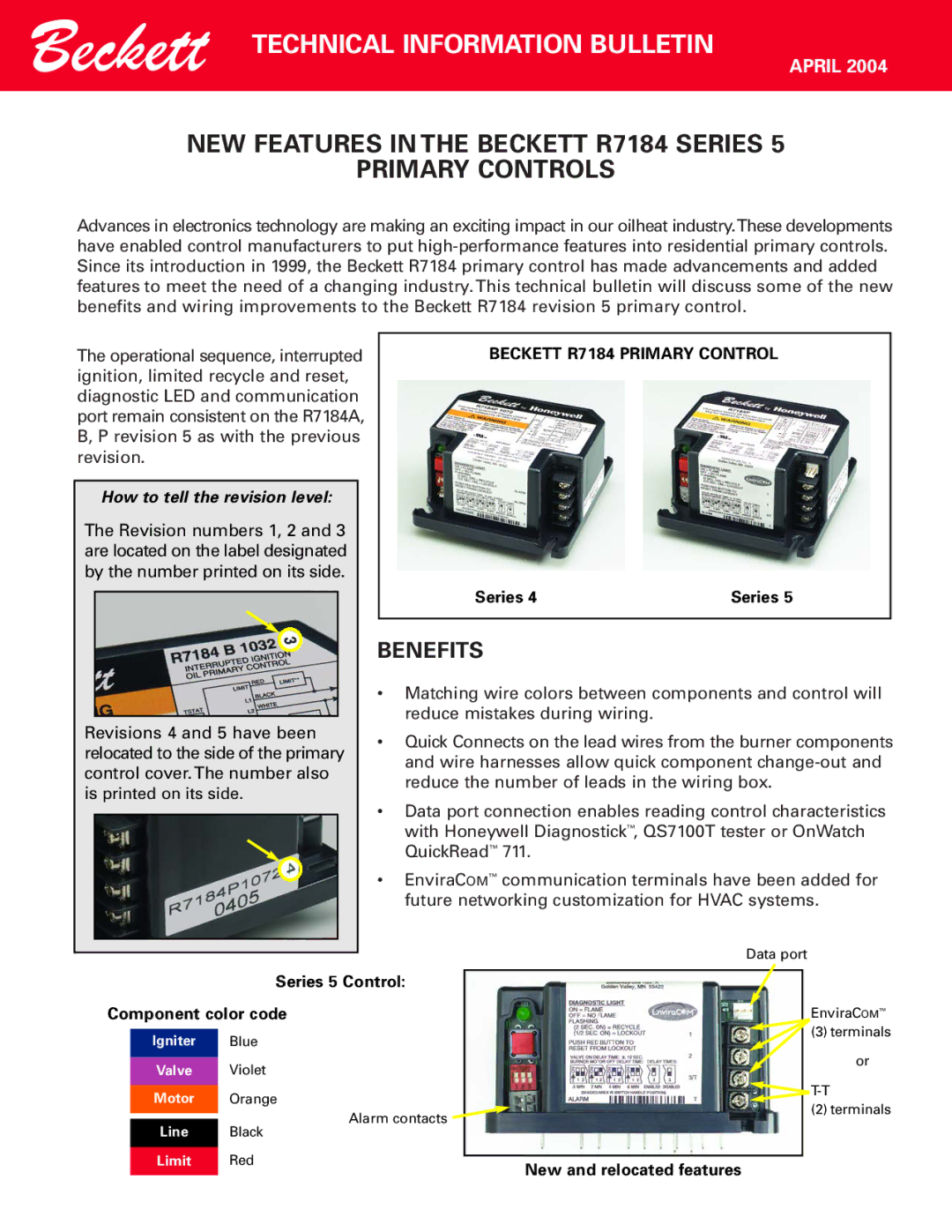 Beckett manual Technical Information Bulletin, NEW Features in the Beckett R7184 Series Primary Controls, Benefits 