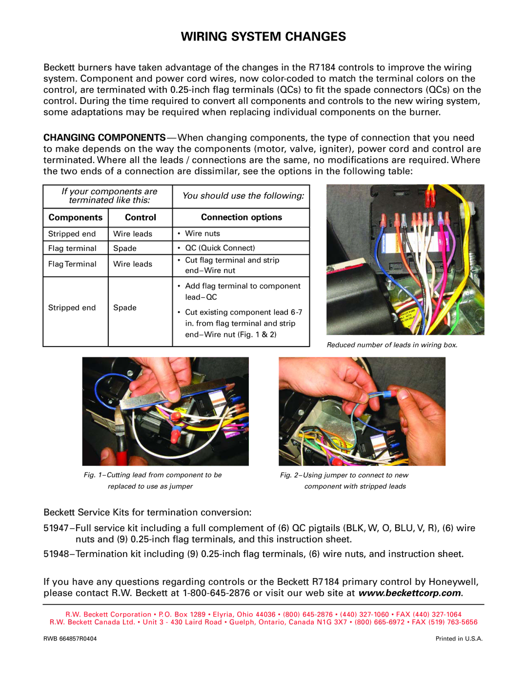 Beckett R7184 manual Wiring System Changes, Components Control Connection options 