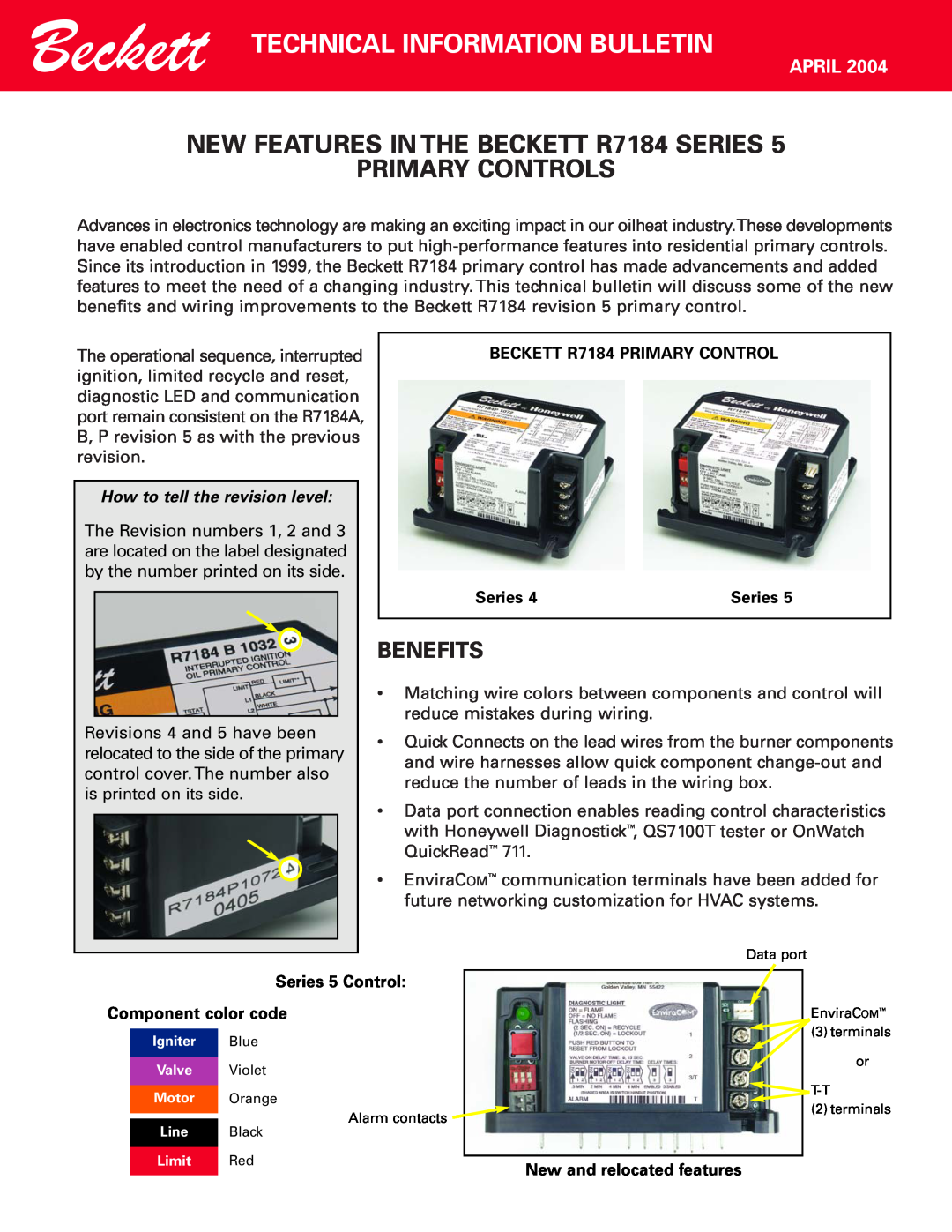 Beckett manual Technical Information Bulletin, NEW FEATURES IN THE BECKETT R7184 SERIES PRIMARY CONTROLS, Benefits 